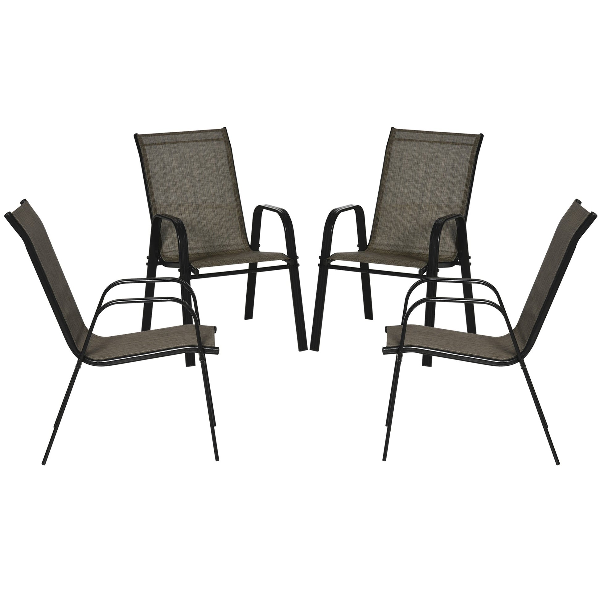 4 Pieces Garden Chairs, Stackable Outdoor Chairs with High Backrest and Armrest, Breathable Mesh Fabric Dining Chair Set of 4, Mixed Brown