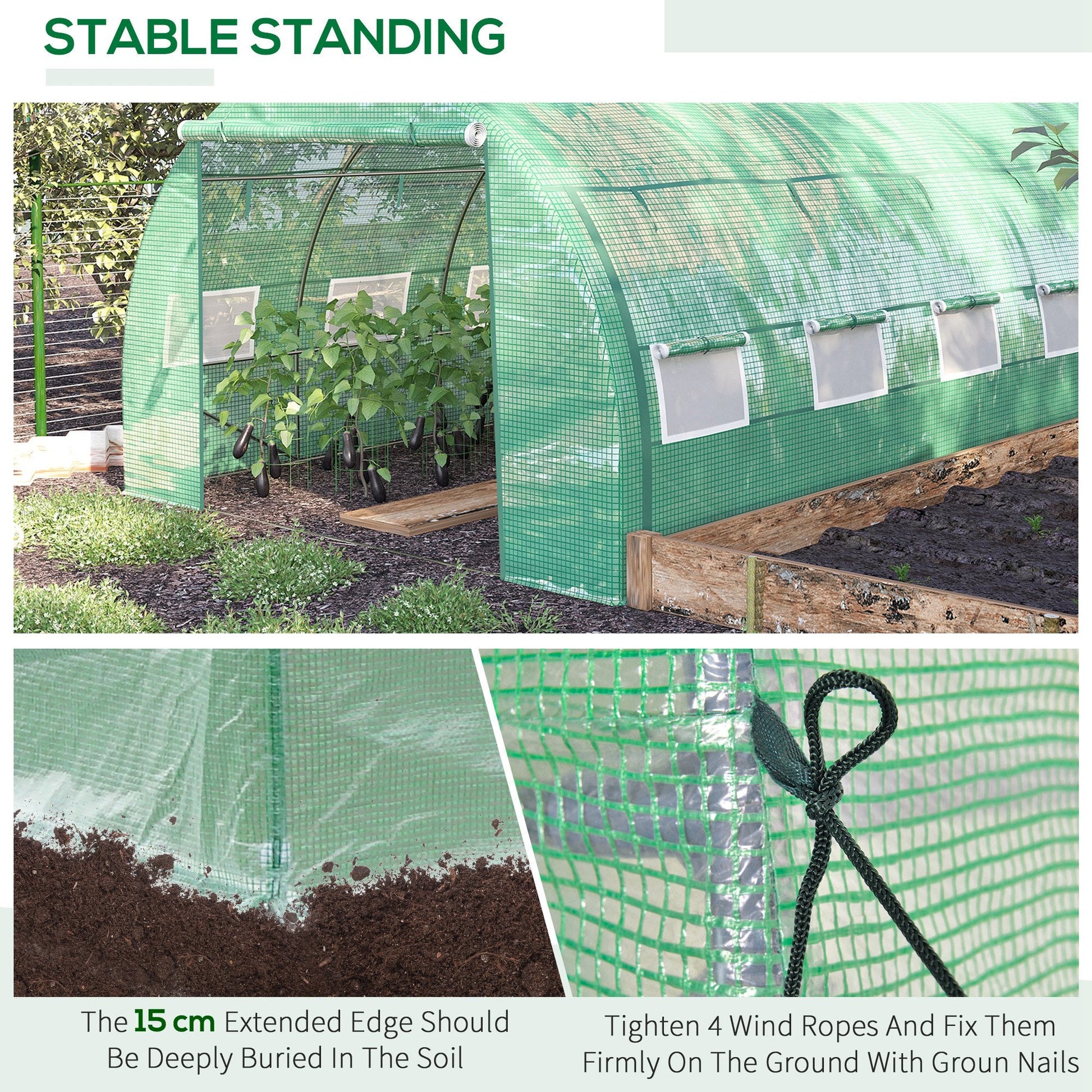 4 x 3 x 2 m Polytunnel Greenhouse with Roll-up Side Walls, Walk-in Grow House Tent with Steel Frame, Reinforced Cover, Zipped Door and 12 Mesh Windows for Garden, Green