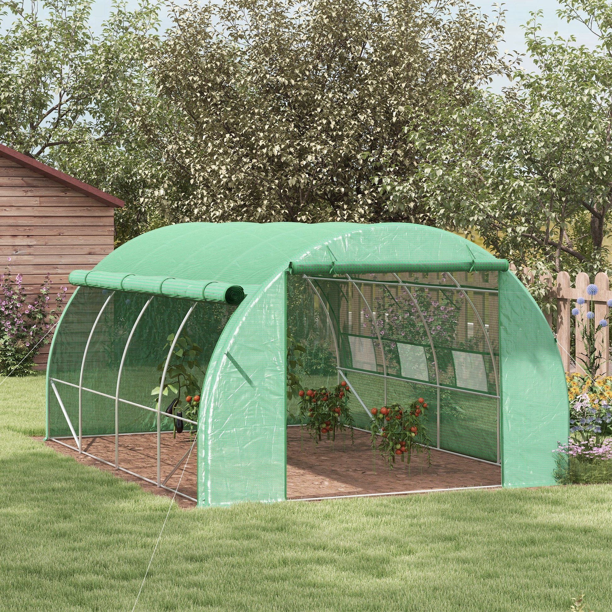 4 x 3 x 2 m Polytunnel Greenhouse with Roll-up Side Walls, Walk-in Grow House Tent with Steel Frame, Reinforced Cover, Zipped Door and 12 Mesh Windows for Garden, Green
