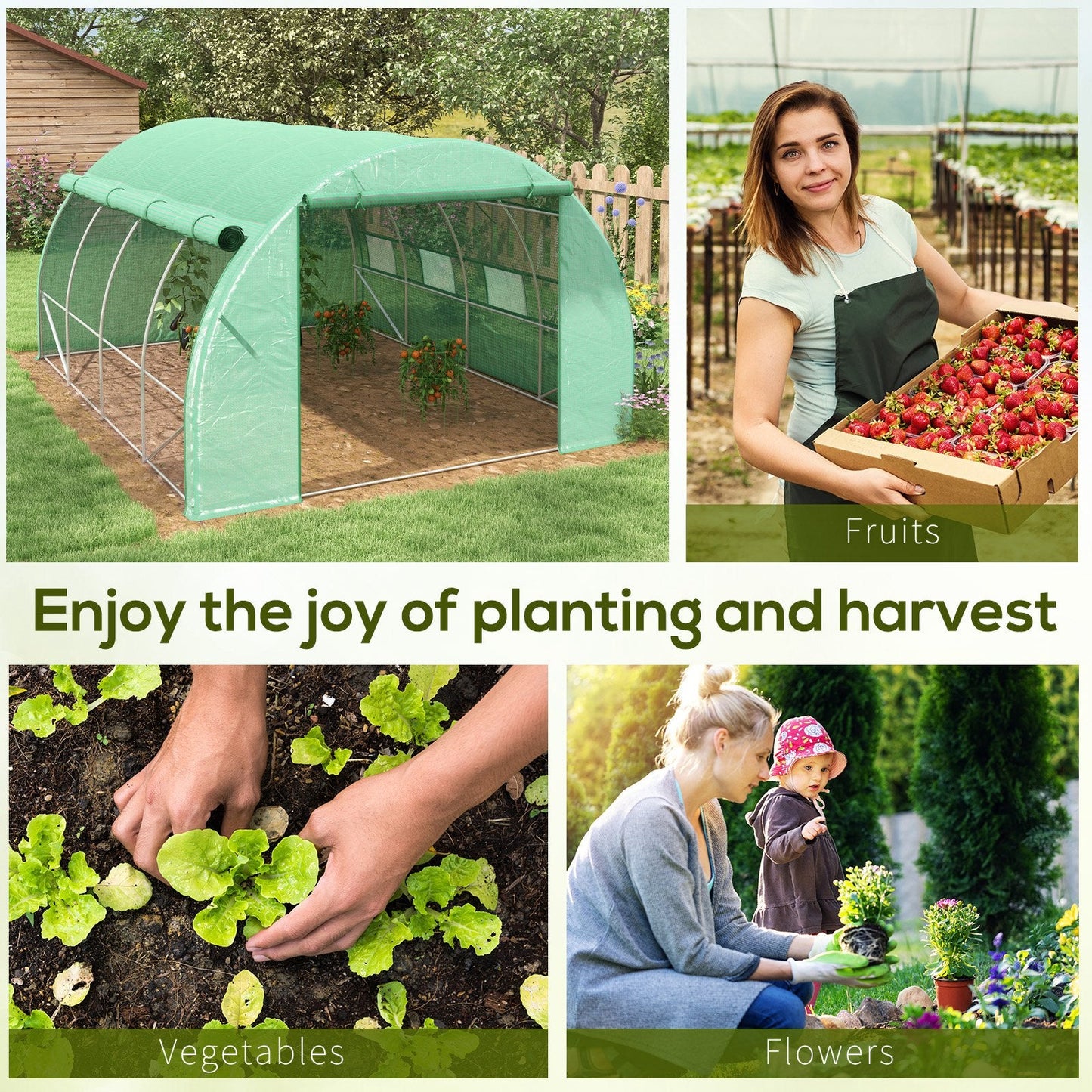 4 x 3 x 2 m Polytunnel Greenhouse with Roll-up Side Walls, Walk-in Grow House Tent with Steel Frame, Reinforced Cover, Zipped Door and 12 Mesh Windows for Garden, Green