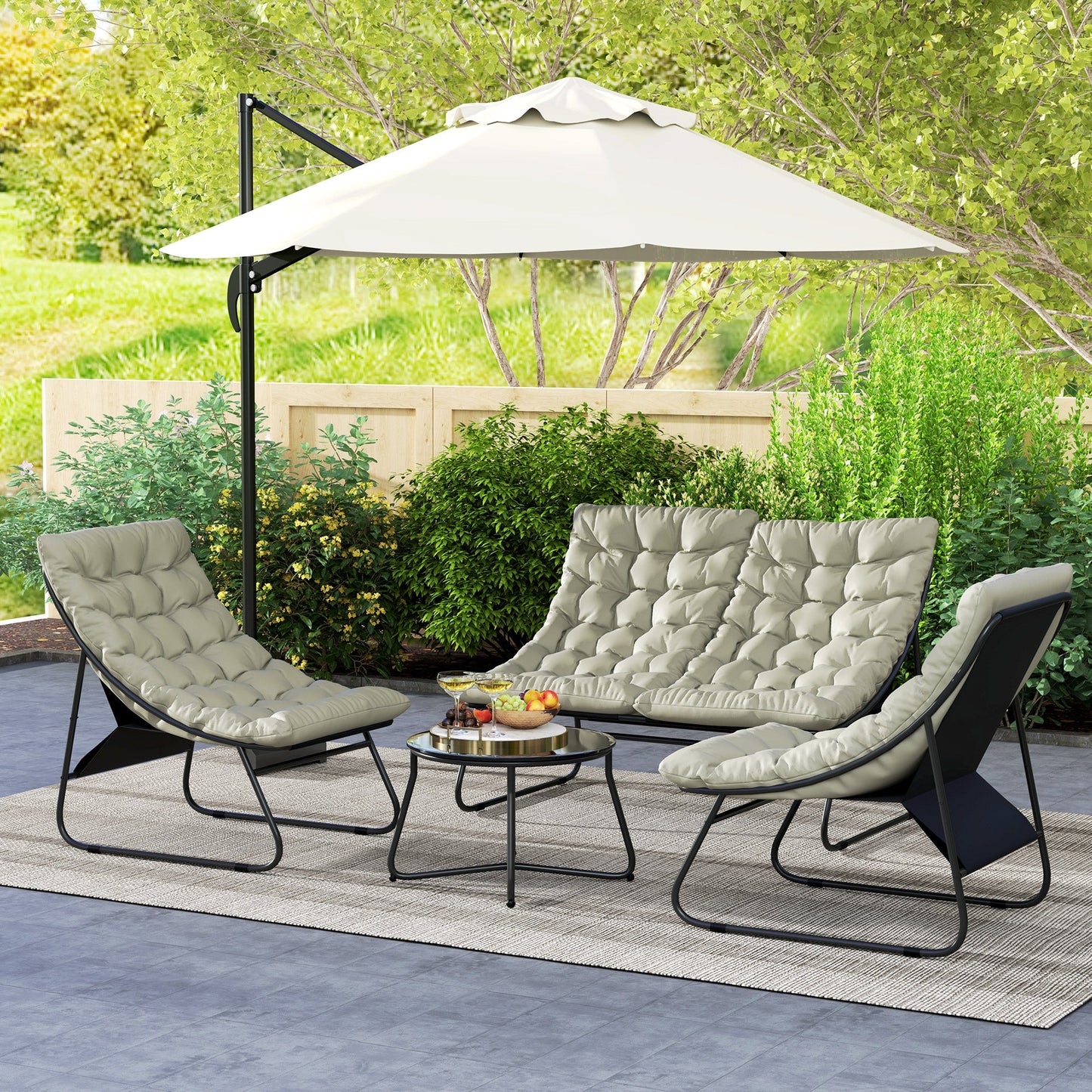 4 Seater Garden Furniture Set, Conversation Set with Loveseat Sofa, Chairs, Glass Coffee Table, Thick Cushions, Steel Outdoor Sofa for Balcony, Poolside, Conservatory, Light Grey