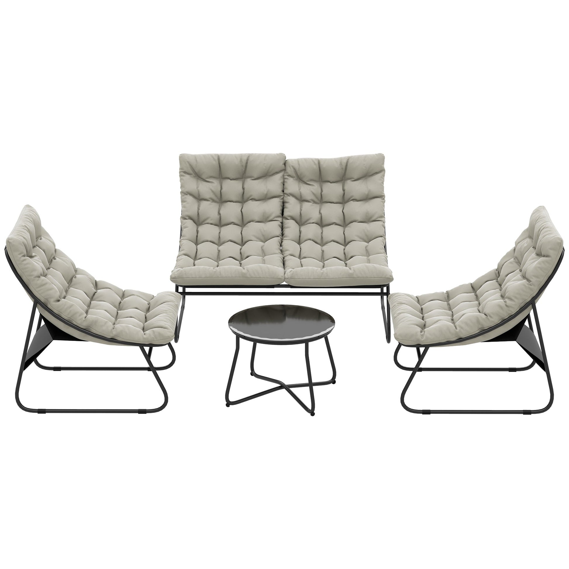 4 Seater Garden Furniture Set, Conversation Set with Loveseat Sofa, Chairs, Glass Coffee Table, Thick Cushions, Steel Outdoor Sofa for Balcony, Poolside, Conservatory, Light Grey