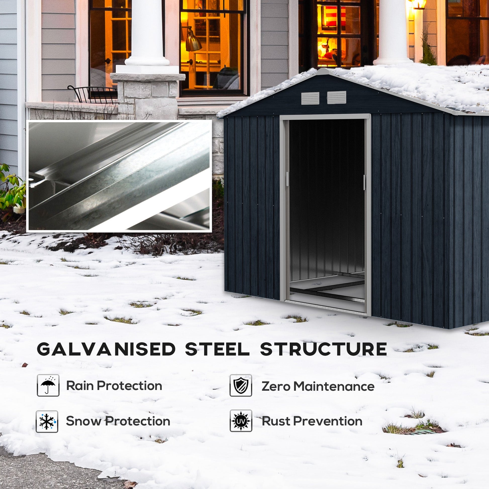 9 x 6ft Metal Garden Shed, Outdoor Storage Tool House with Ventilation Slots, Foundation Kit and Lockable Double Doors, Dark Grey