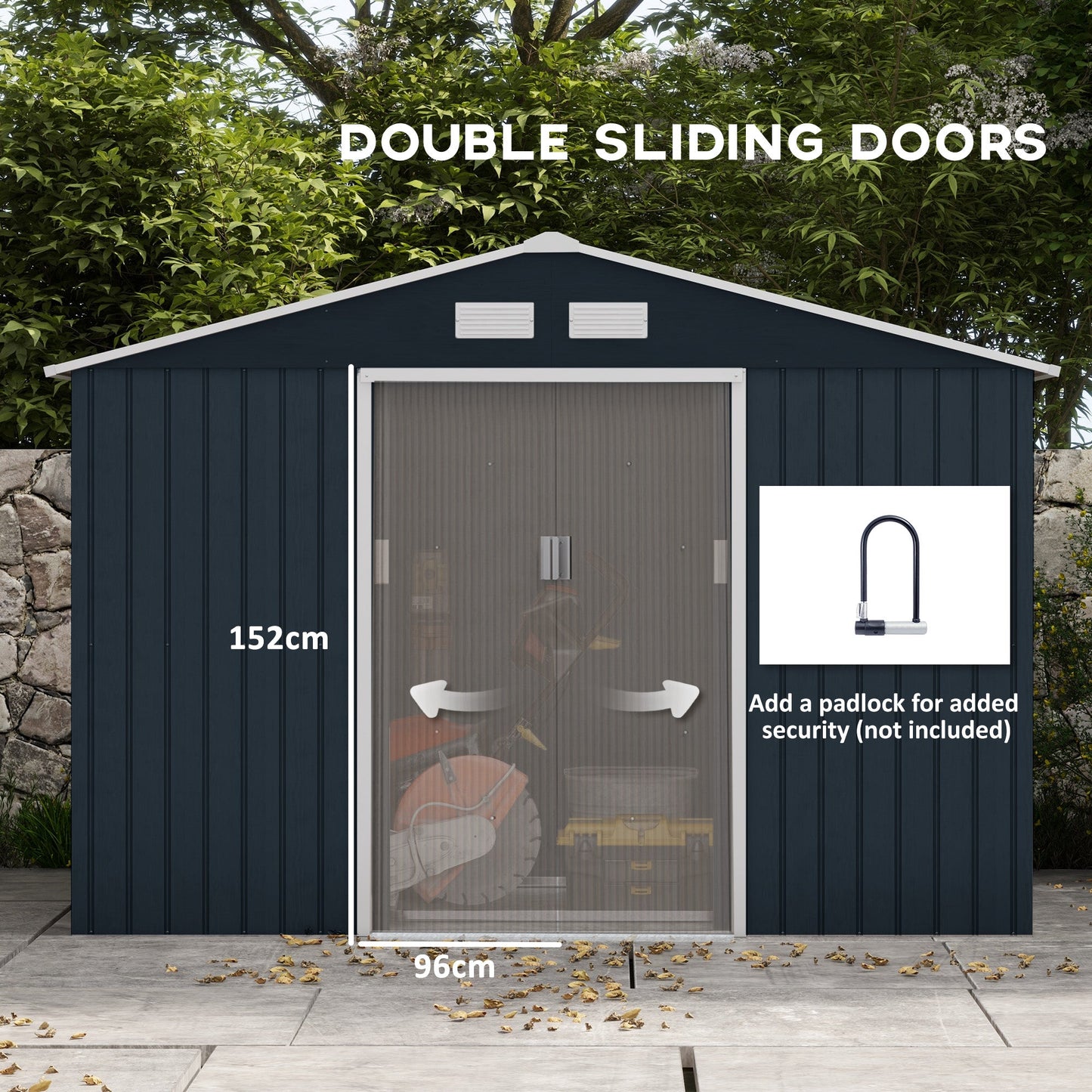 9 x 6ft Metal Garden Shed, Outdoor Storage Tool House with Ventilation Slots, Foundation Kit and Lockable Double Doors, Dark Grey