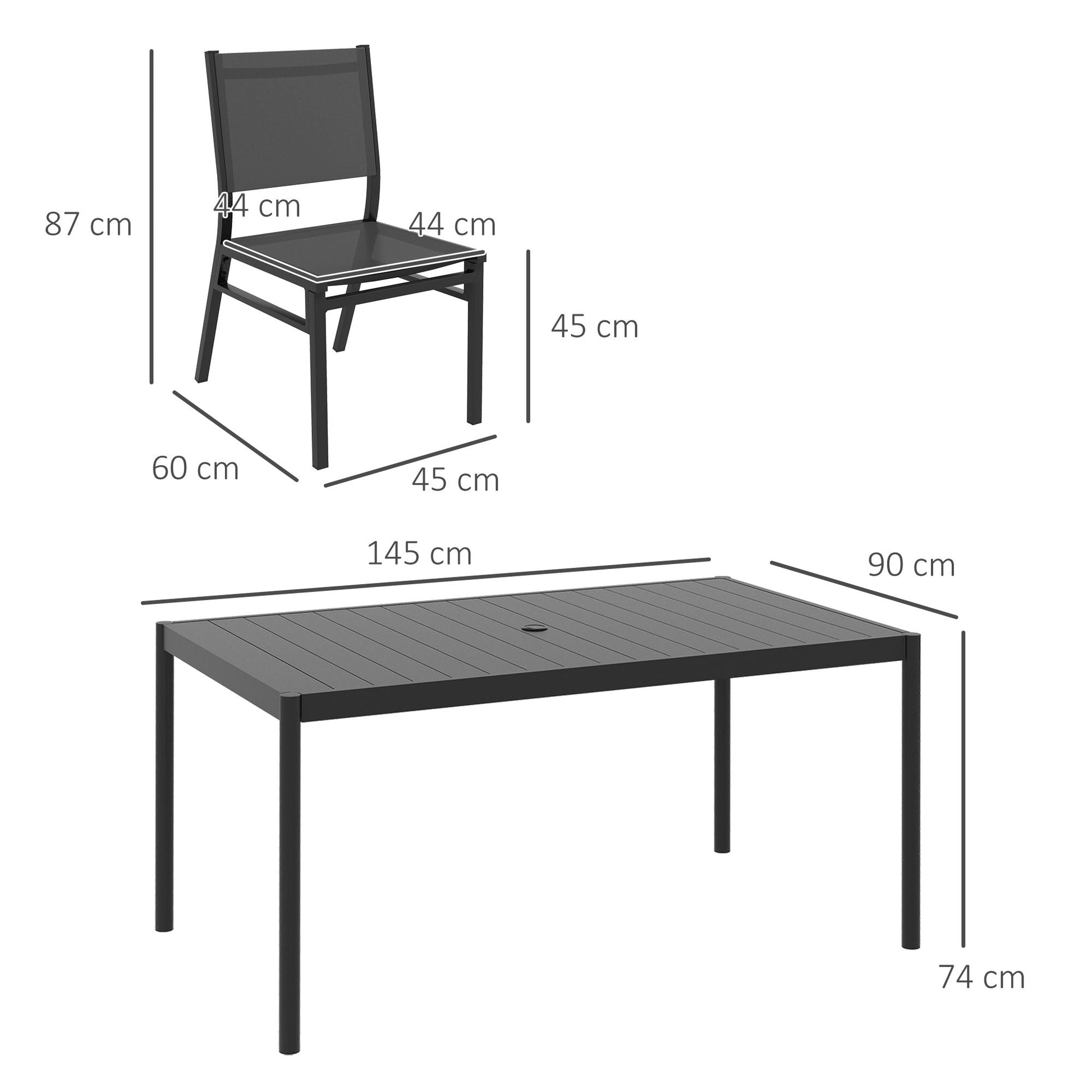6 Seater Garden Dining Set, Aluminium Top Table with Umbrella Hole, Texteline Chairs, Outdoor Table and Chairs, Dark Grey
