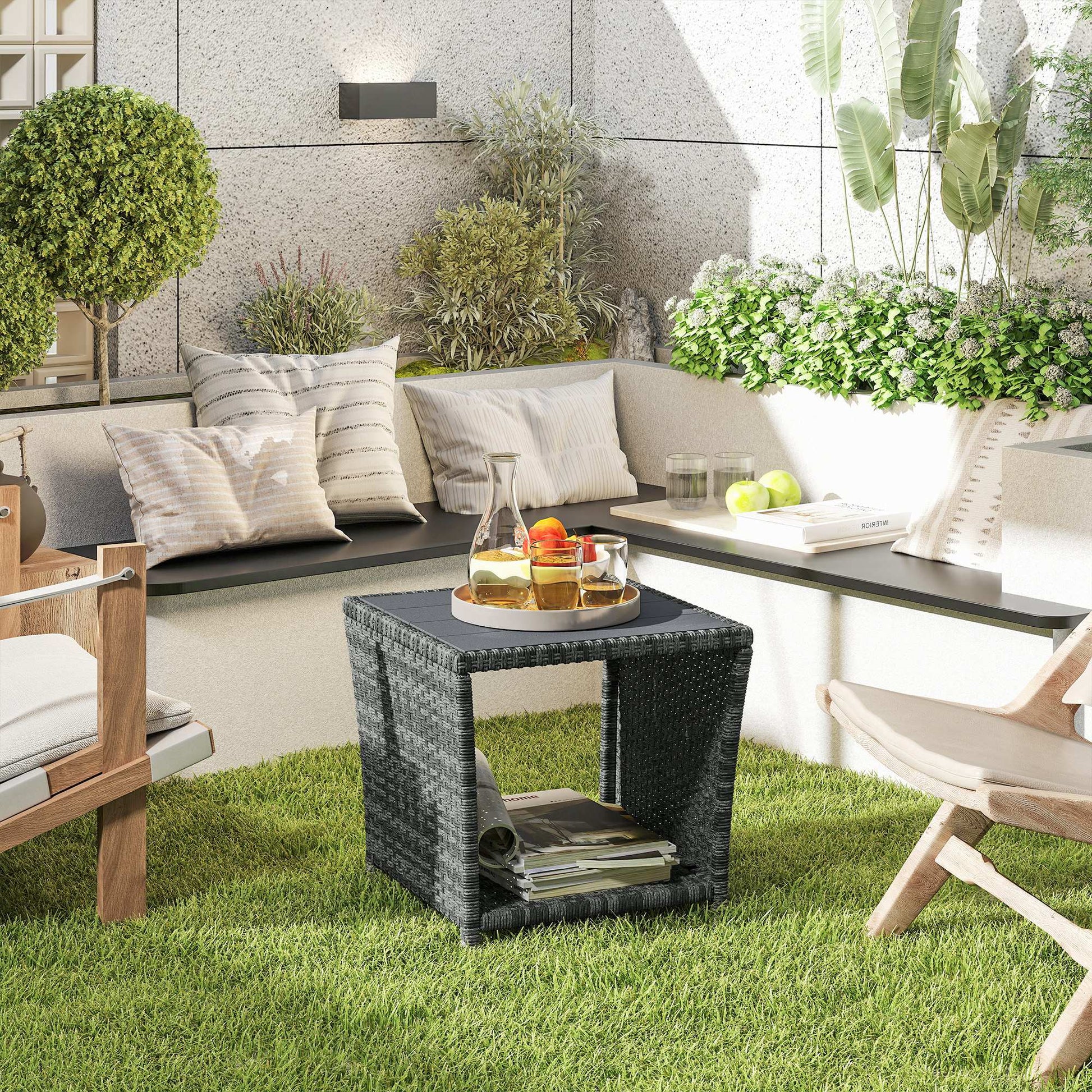 2-Tier PE Rattan Side Table with Storage Shelf, Square Outdoor Coffee Table with PS Wood Slat Top, UV-Resistant for Patio, Garden, Balcony, Grey