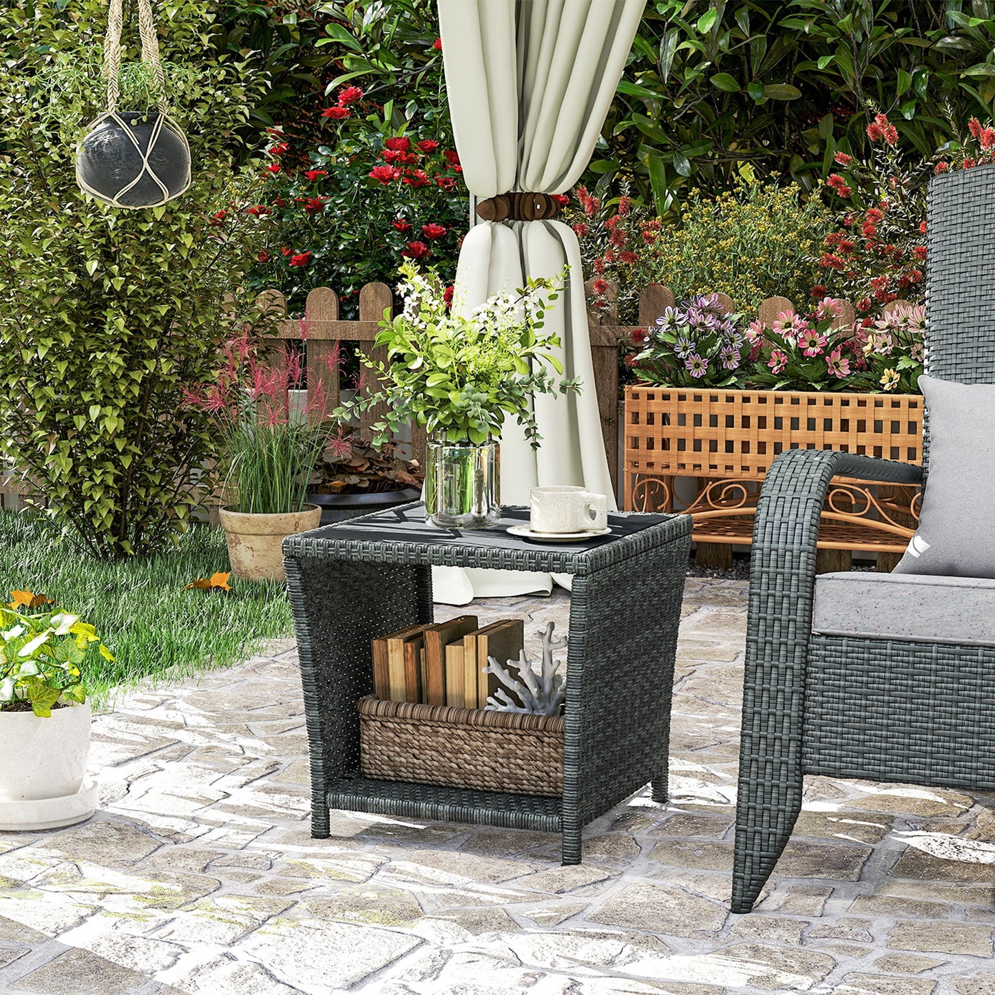 2-Tier PE Rattan Side Table with Storage Shelf, Square Outdoor Coffee Table with PS Wood Slat Top, UV-Resistant for Patio, Garden, Balcony, Grey
