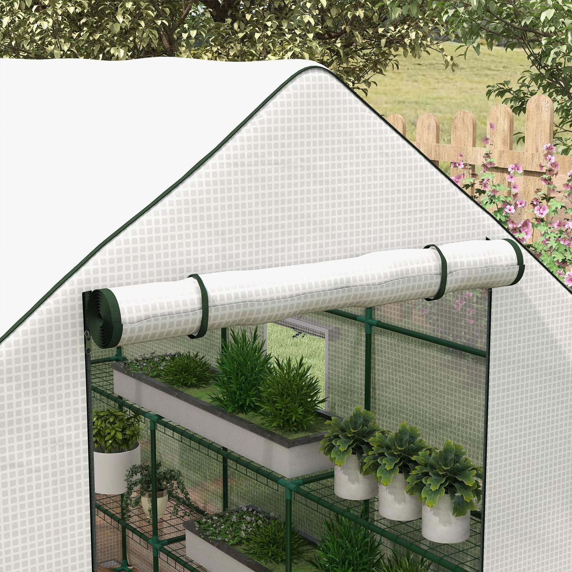 Walk-in Greenhouse with 3 Tier 12 Shelves, Small Greenhouse with Reinforced PE Cover, Garden Plant Growhouse with Roll-up Door and Three Mesh Windows, 140 x 213 x 190 cm, White