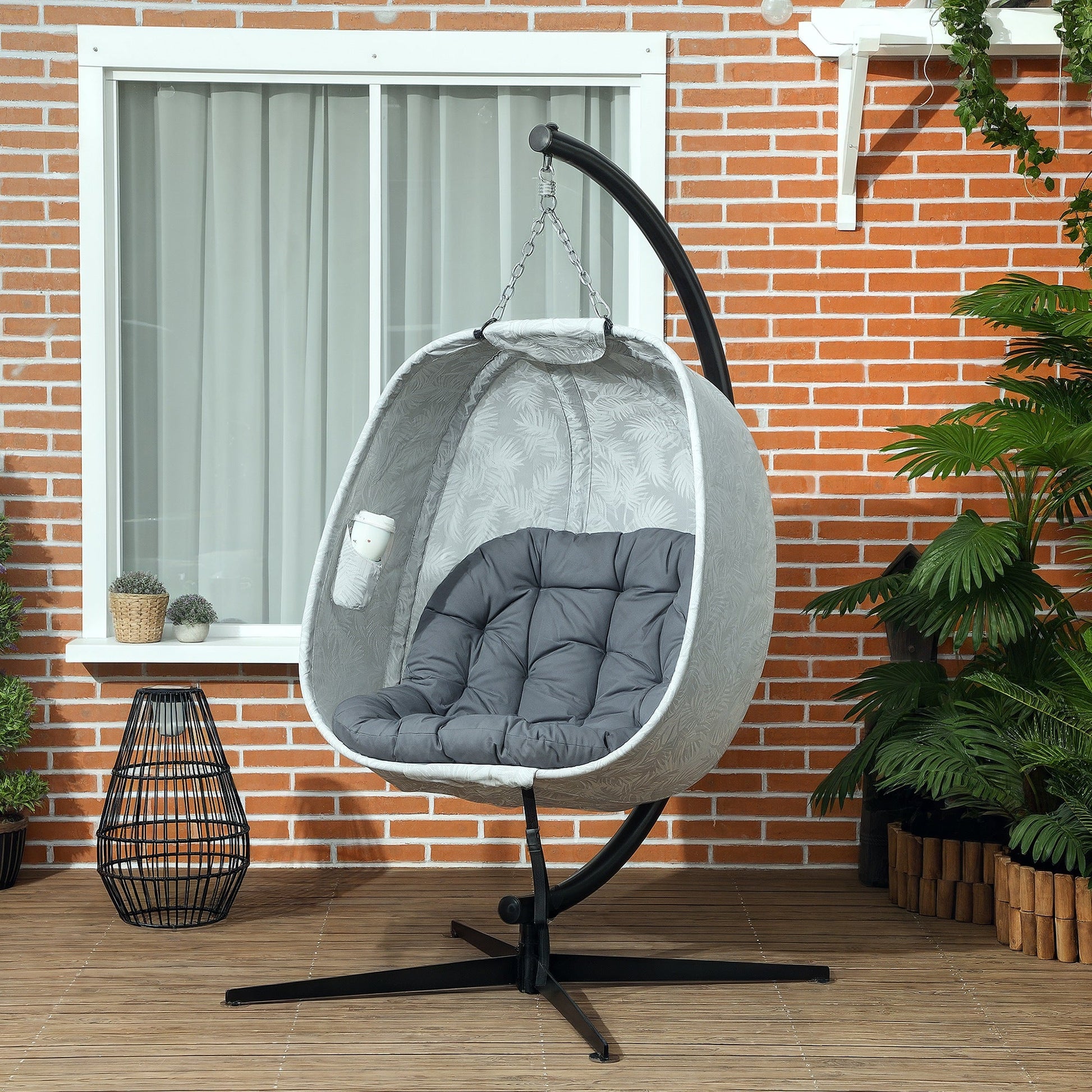 Hanging Egg Chair Outdoor Indoor Garden Swing Chair with Folding Basket, Garden Hanging Chair with Stand, Thickened Cushion, Cup Holder for Patio, Balcony, Grey