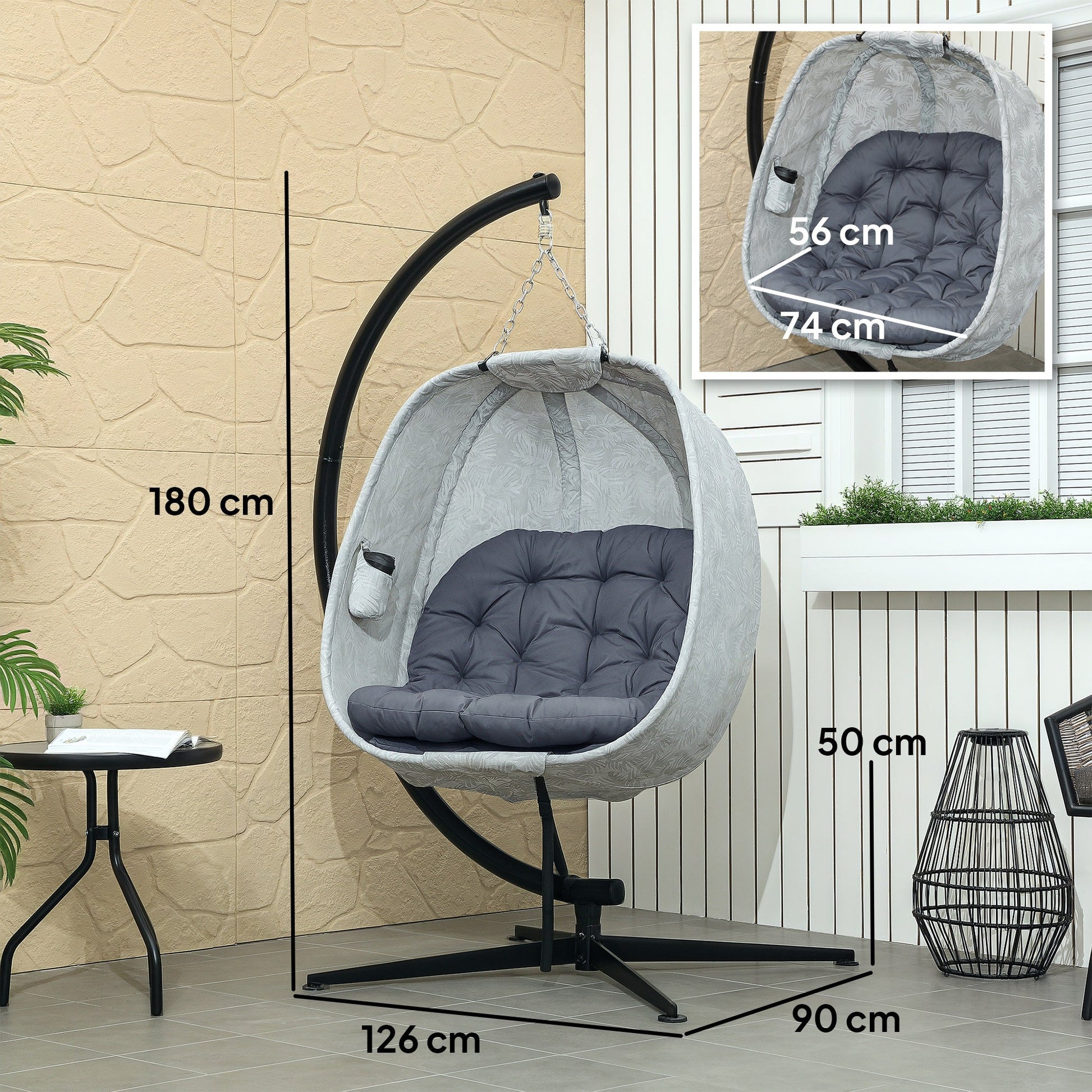 Hanging Egg Chair Outdoor Indoor Garden Swing Chair with Folding Basket, Garden Hanging Chair with Stand, Thickened Cushion, Cup Holder for Patio, Balcony, Grey