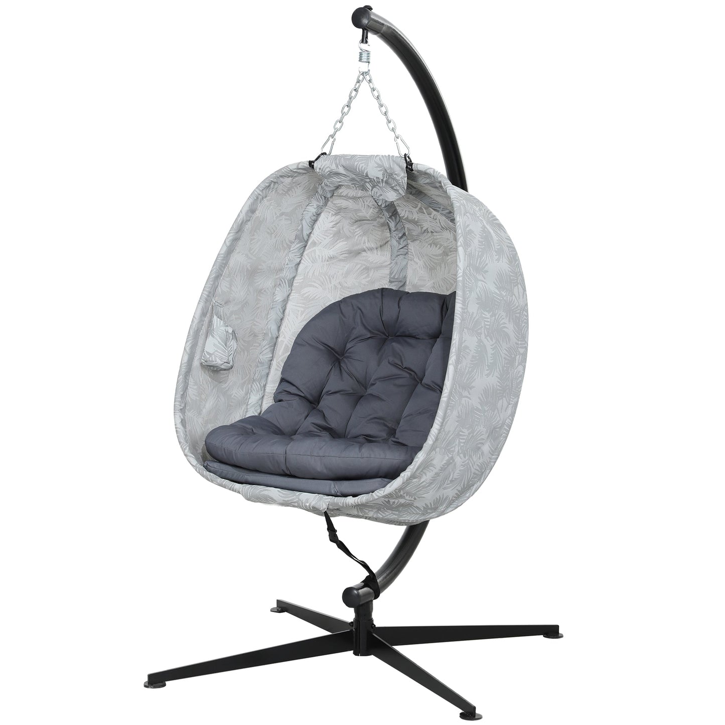 Hanging Egg Chair Outdoor Indoor Garden Swing Chair with Folding Basket, Garden Hanging Chair with Stand, Thickened Cushion, Cup Holder for Patio, Balcony, Grey