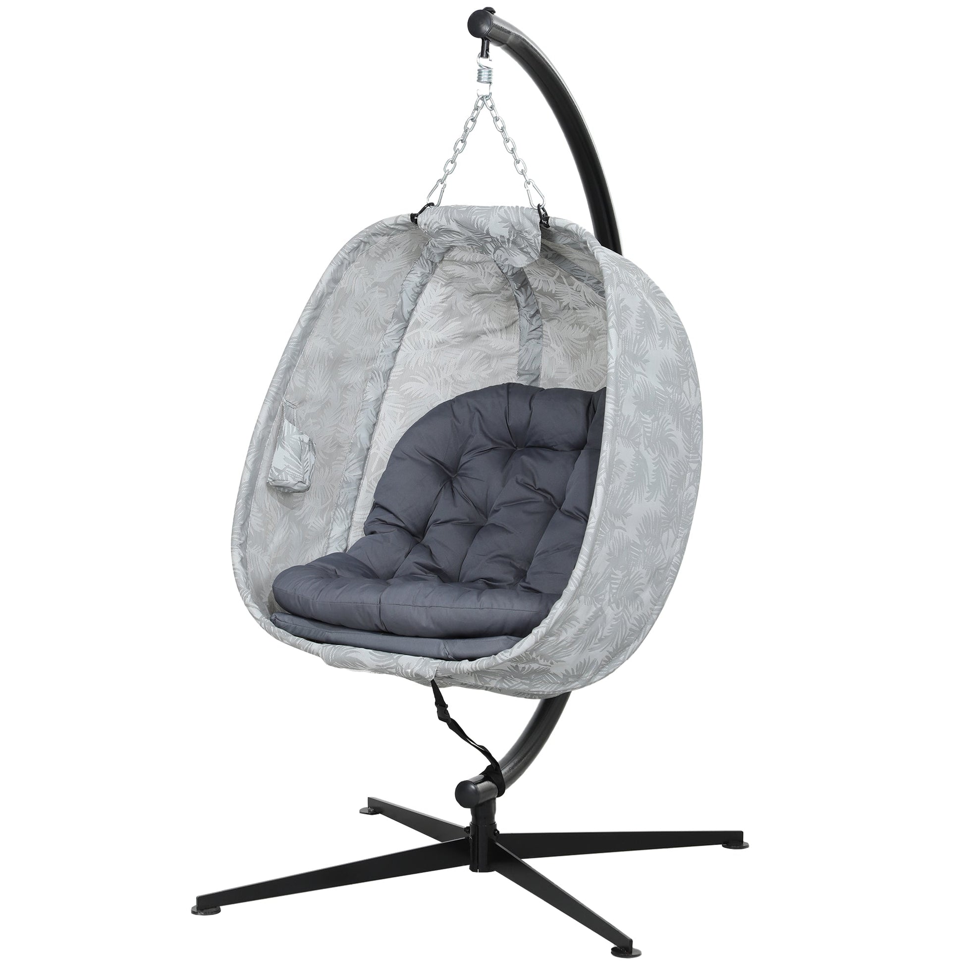 Hanging Egg Chair Outdoor Indoor Garden Swing Chair with Folding Basket, Garden Hanging Chair with Stand, Thickened Cushion, Cup Holder for Patio, Balcony, Grey