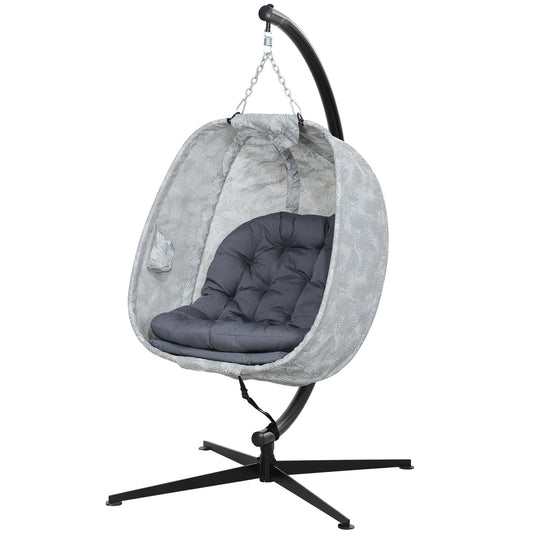 Hanging Egg Chair Outdoor Indoor Garden Swing Chair with Folding Basket, Garden Hanging Chair with Stand, Thickened Cushion, Cup Holder for Patio, Balcony, Grey