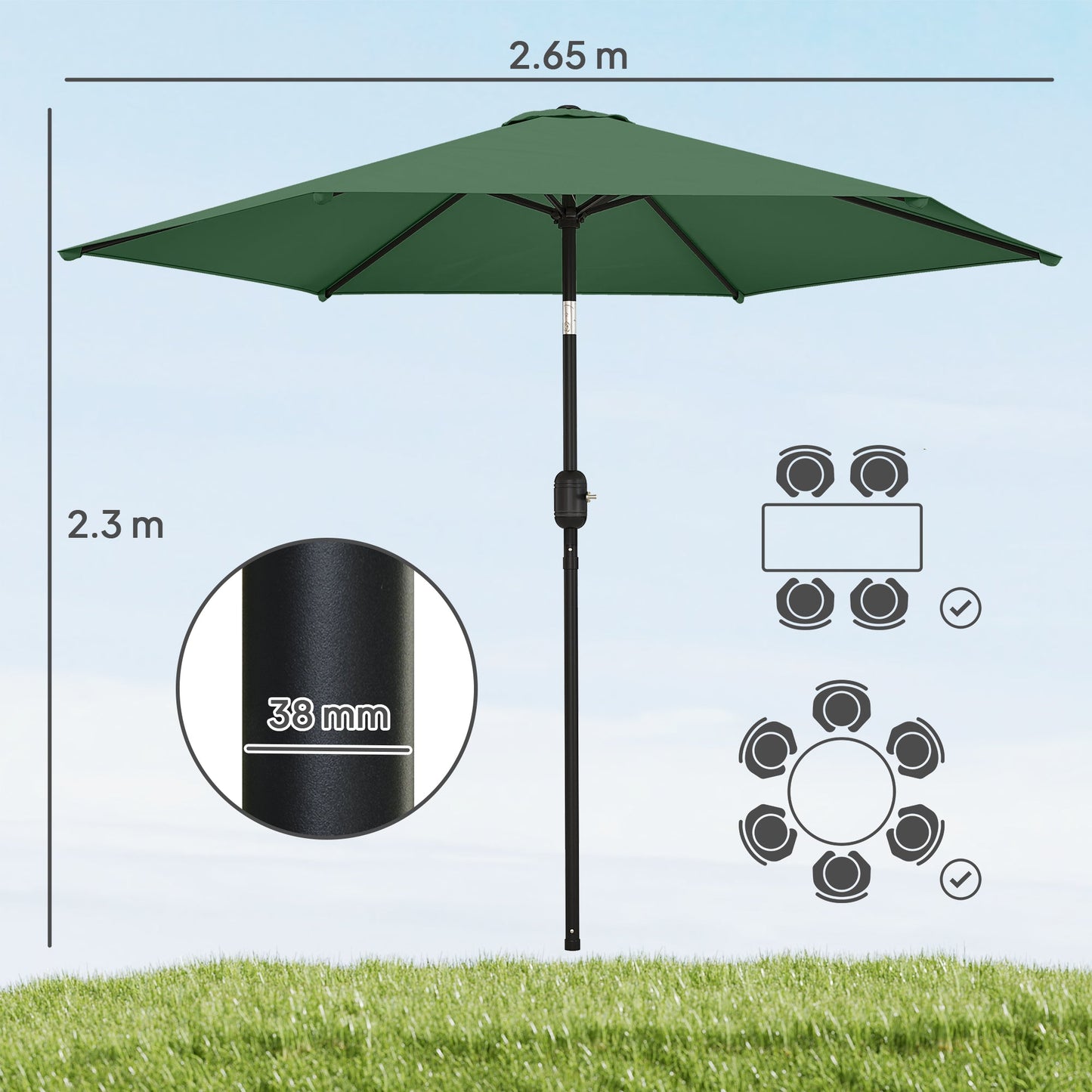 2.6 m Garden Parasol Umbrella with Aluminium Pole, Outdoor Table Market Patio Umbrella Sun Shade with Tilt and Crank, Vent, Dark Green