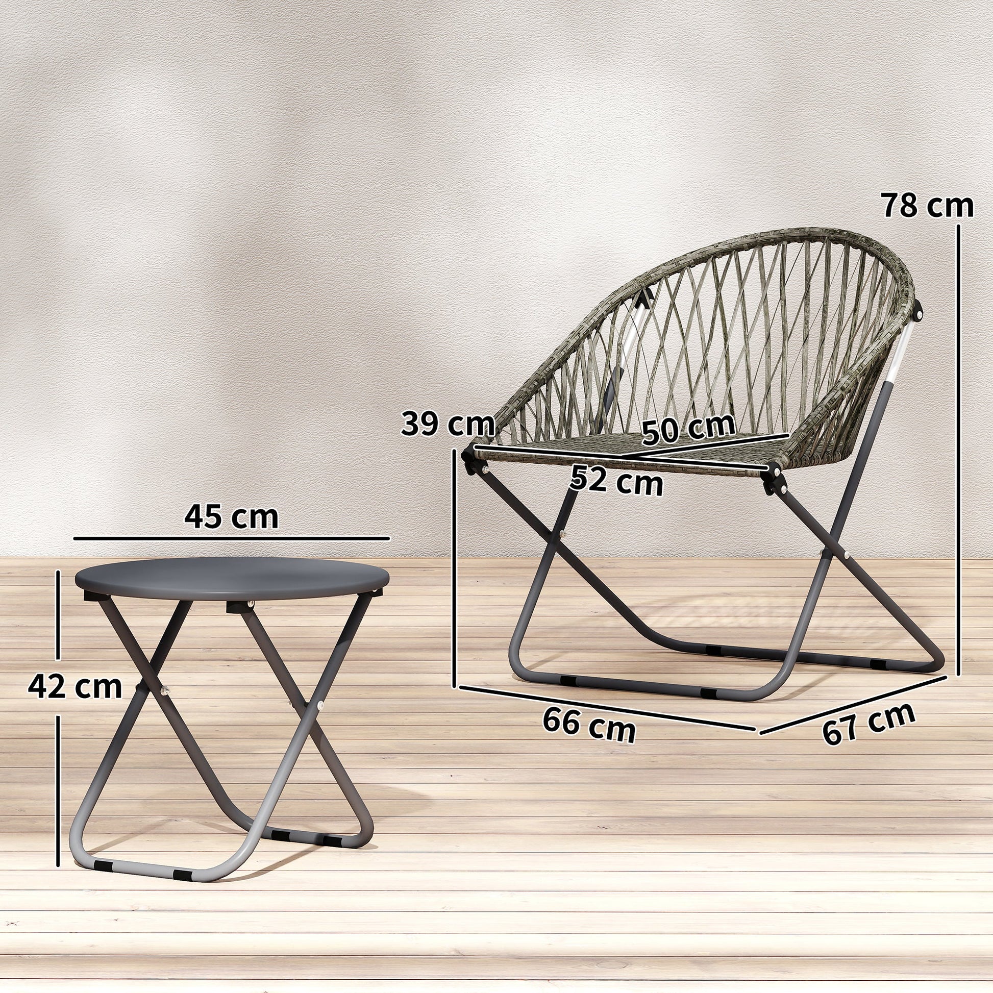 3 Pieces Patio Bistro Set, Folding Garden Furniture Set for 2 with Metal Top Coffee Table and Rattan Chairs for Outdoor, Balcony, Grey