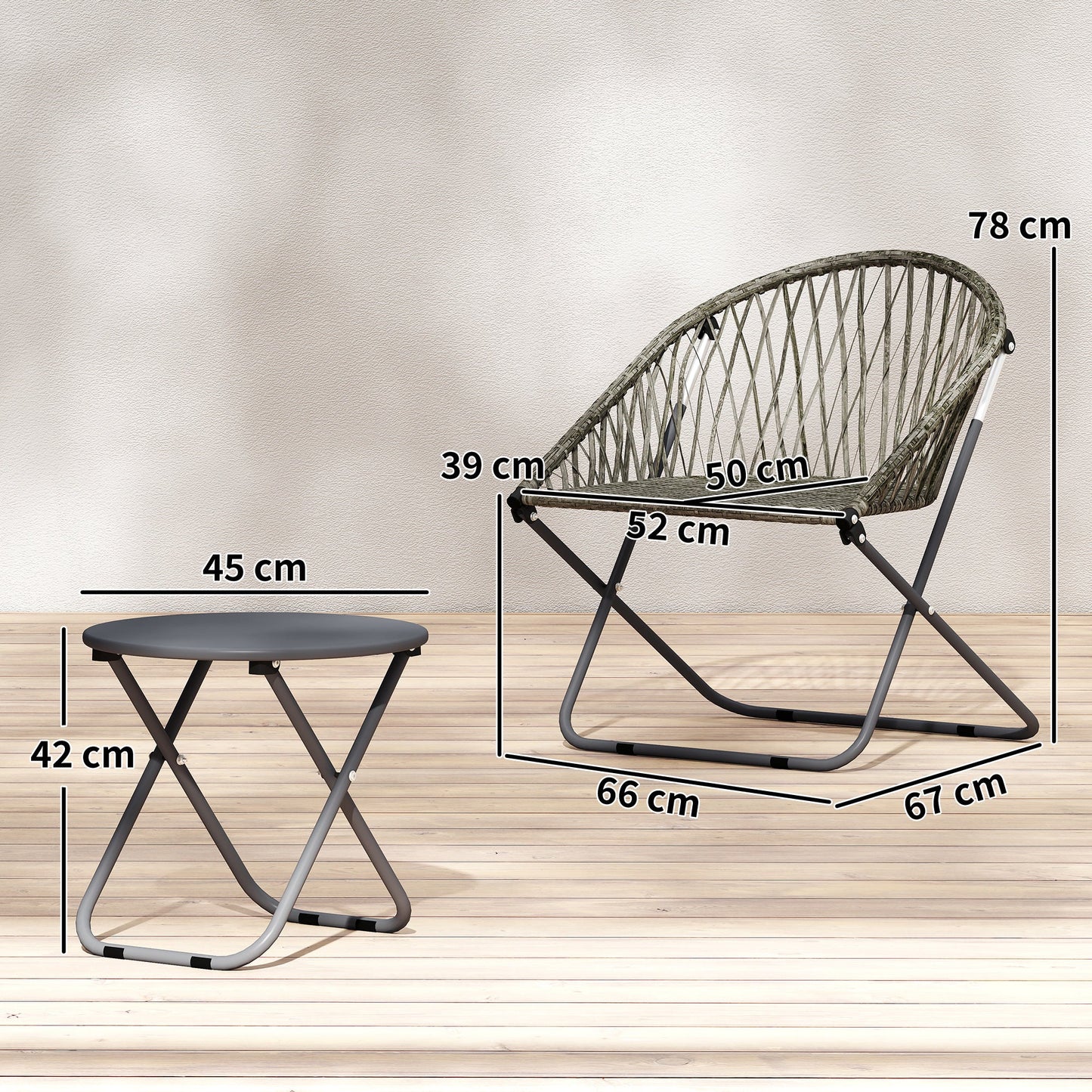 3 Pieces Patio Bistro Set, Folding Garden Furniture Set for 2 with Metal Top Coffee Table and Rattan Chairs for Outdoor, Balcony, Grey