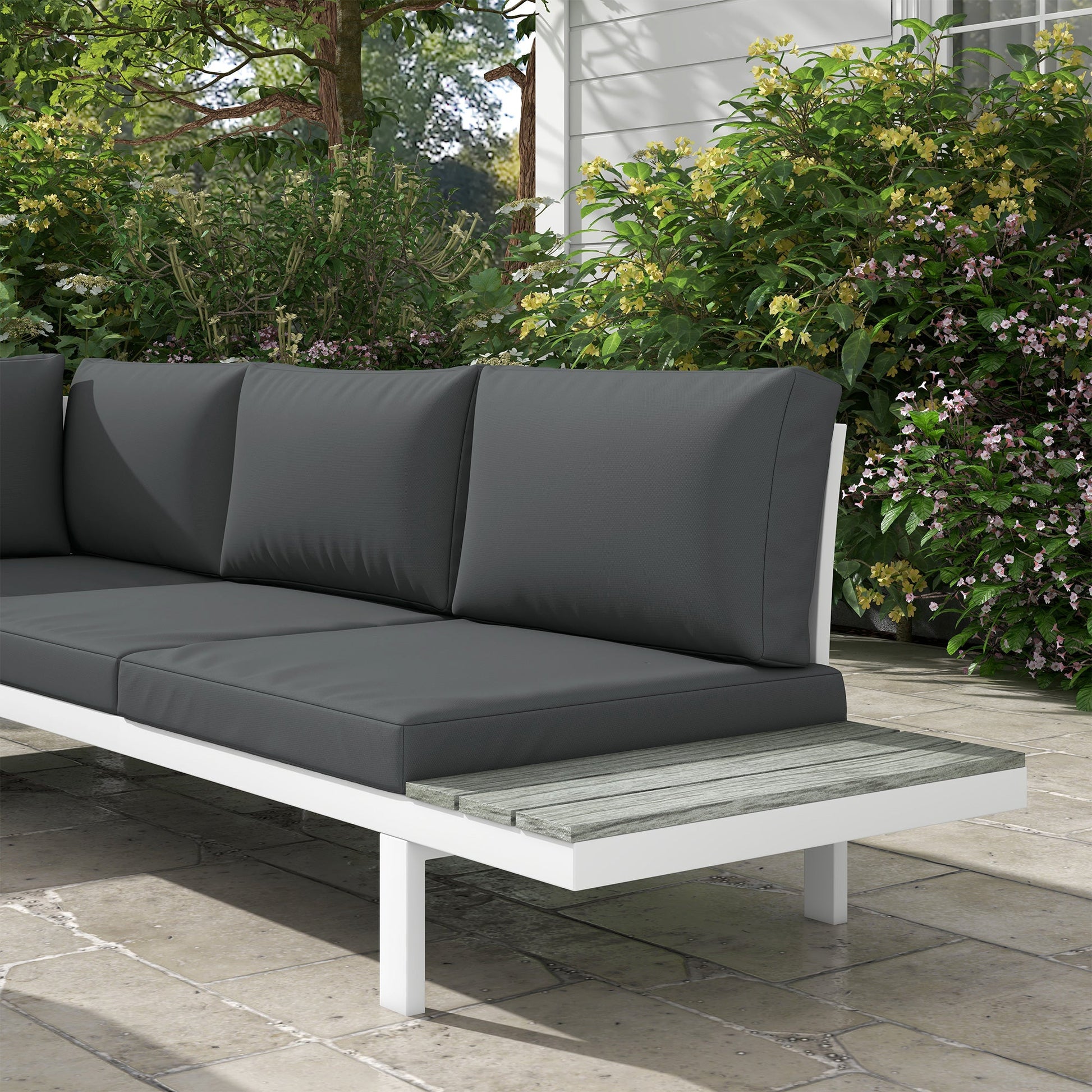 4 Pieces Patio Garden Set with 5-Level Recline Corner Sofa, Outdoor Garden Lounge Sectional Conversation Sofa Set with Cushions, Wood Grain Plastic Table, White  Frame Grey Cushion