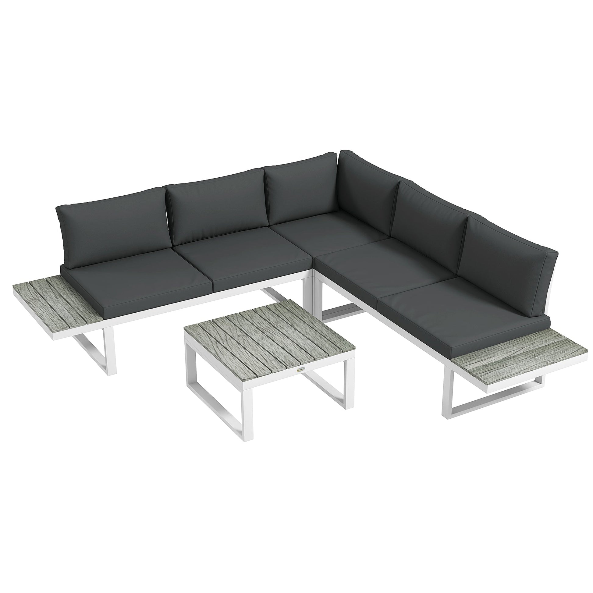 4 Pieces Patio Garden Set with 5-Level Recline Corner Sofa, Outdoor Garden Lounge Sectional Conversation Sofa Set with Cushions, Wood Grain Plastic Table, White  Frame Grey Cushion