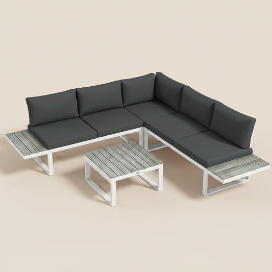 4 Pieces Patio Garden Set with 5-Level Recline Corner Sofa, Outdoor Garden Lounge Sectional Conversation Sofa Set with Cushions, Wood Grain Plastic Table, White  Frame Grey Cushion