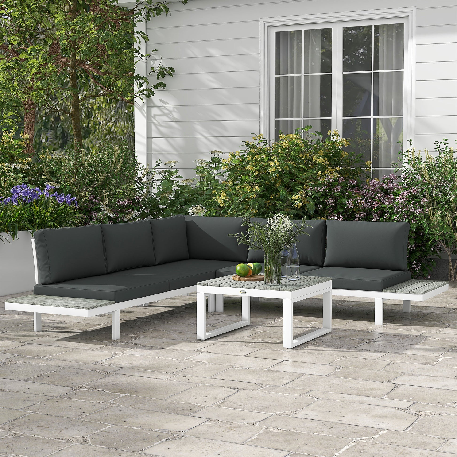4 Pieces Patio Garden Set with 5-Level Recline Corner Sofa, Outdoor Garden Lounge Sectional Conversation Sofa Set with Cushions, Wood Grain Plastic Table, White  Frame Grey Cushion