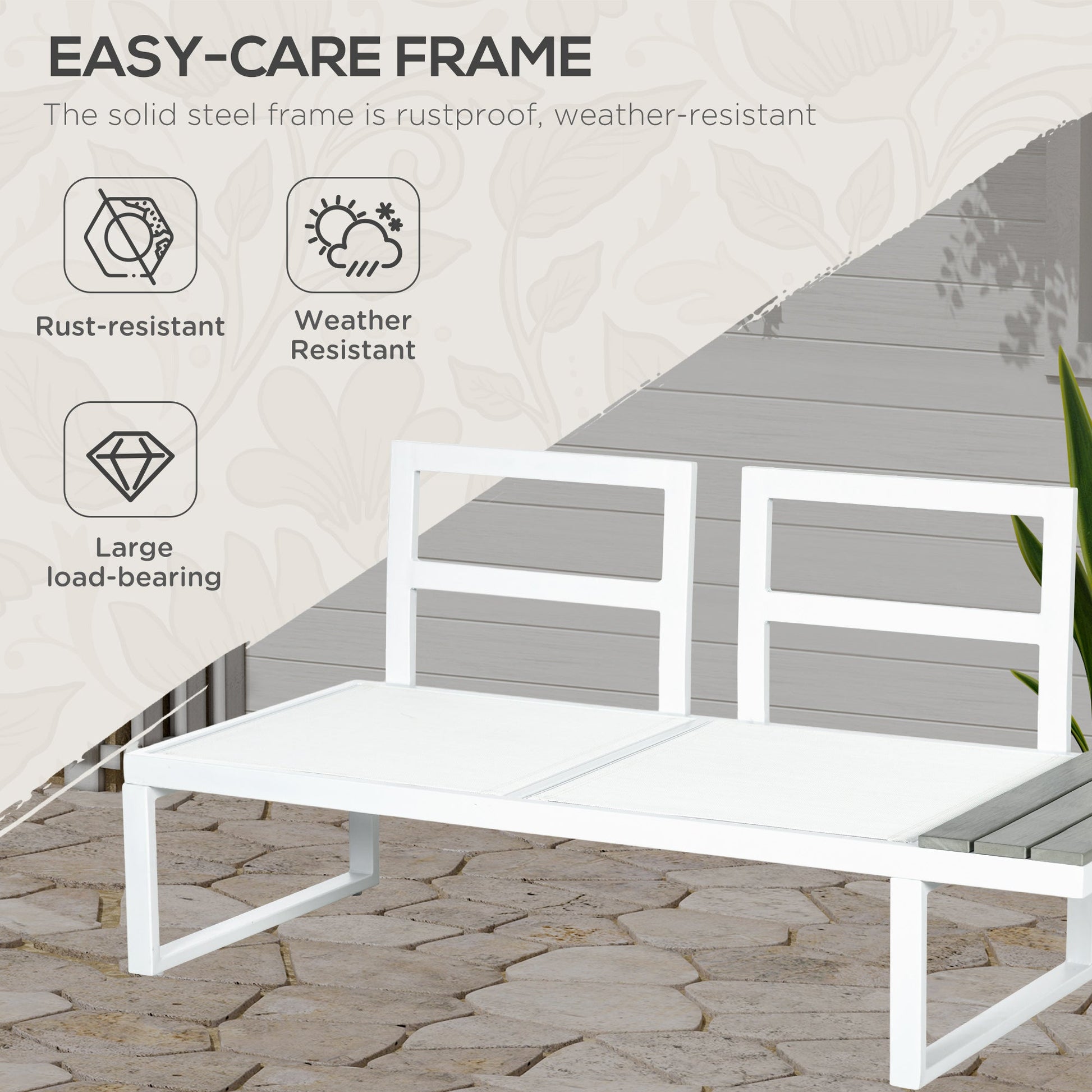 4 Pieces Patio Garden Set with 5-Level Recline Corner Sofa, Outdoor Garden Lounge Sectional Conversation Sofa Set with Cushions, Wood Grain Plastic Table, White  Frame Grey Cushion