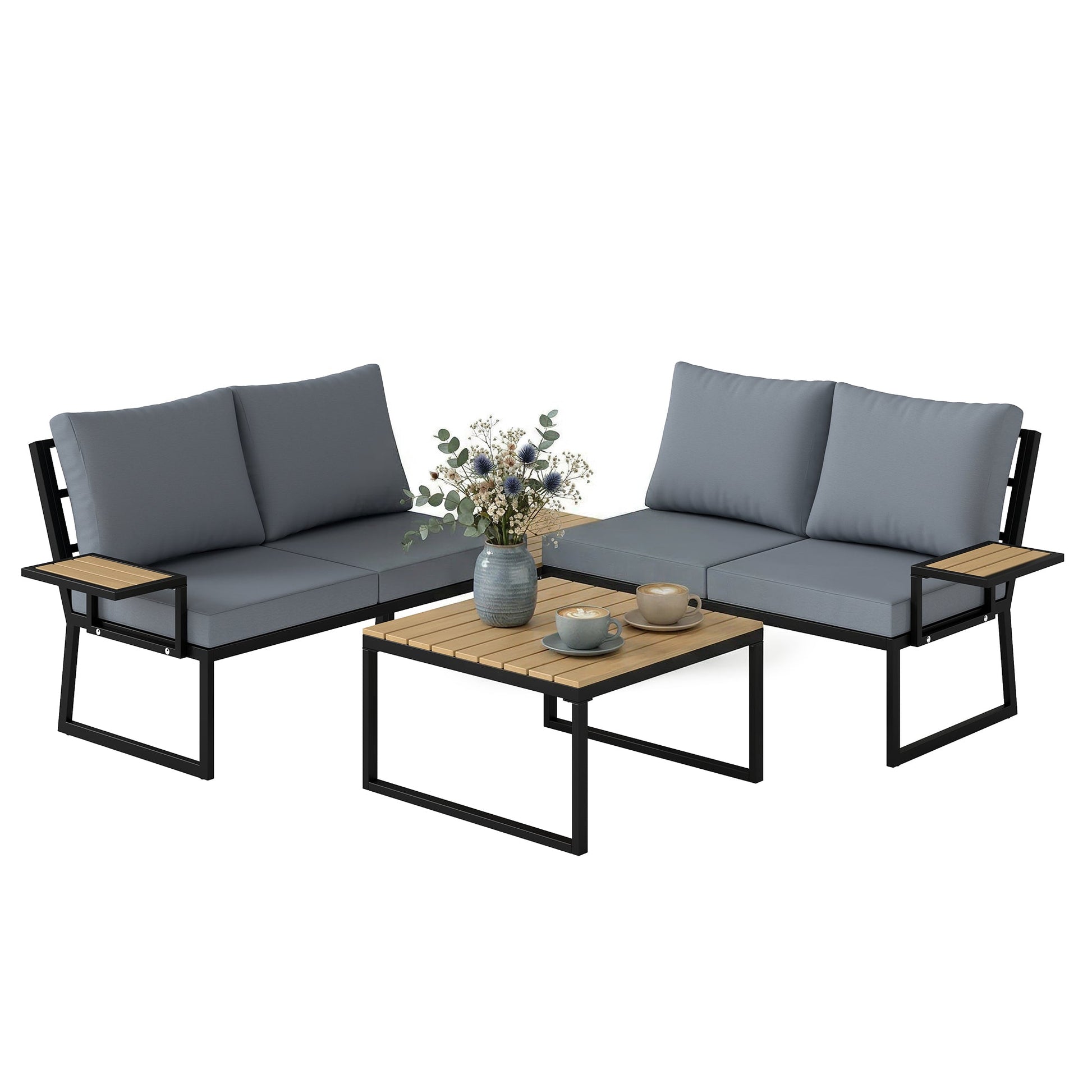 4 Seater Rattan Garden Furniture Set, Corner Garden Sofa Set with 2 Loveseats, 2 Nesting Coffee Tables, Arm Side Trays, Cushions, Metal Outdoor Furniture Conversation Sets for Patio, Teak