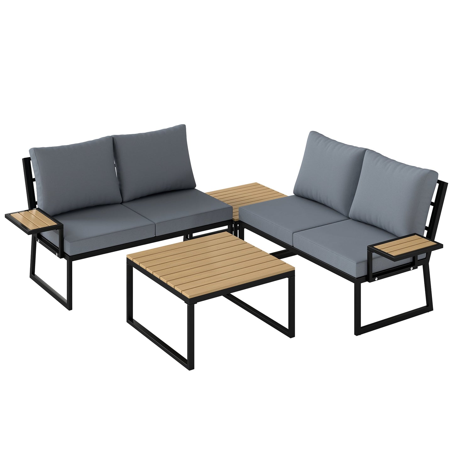 4 Seater Rattan Garden Furniture Set, Corner Garden Sofa Set with 2 Loveseats, 2 Nesting Coffee Tables, Arm Side Trays, Cushions, Metal Outdoor Furniture Conversation Sets for Patio, Teak