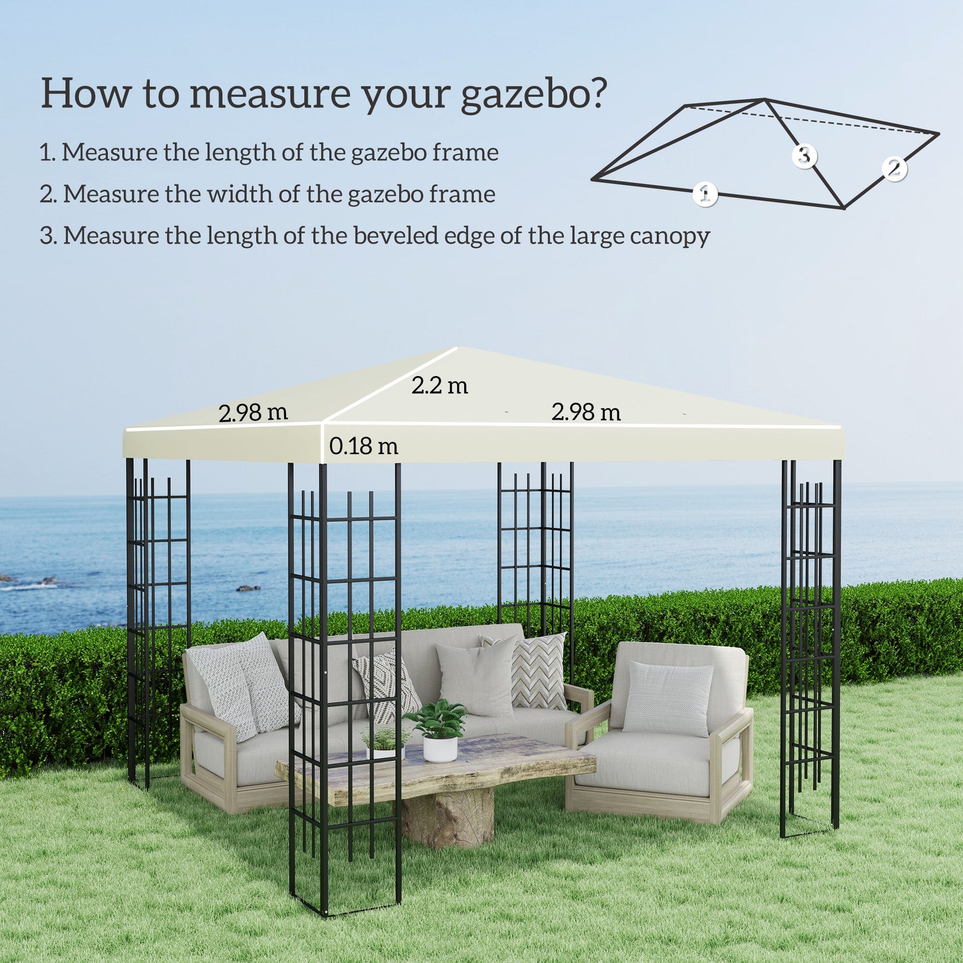 3 x 3(m) Gazebo Canopy Replacement Cover, Garden Gazebo Roof Replacement with Drain Holes, Water Resistant PVC Coating, 370g/㎡, UPF30+, TOP COVER ONLY, Cream White