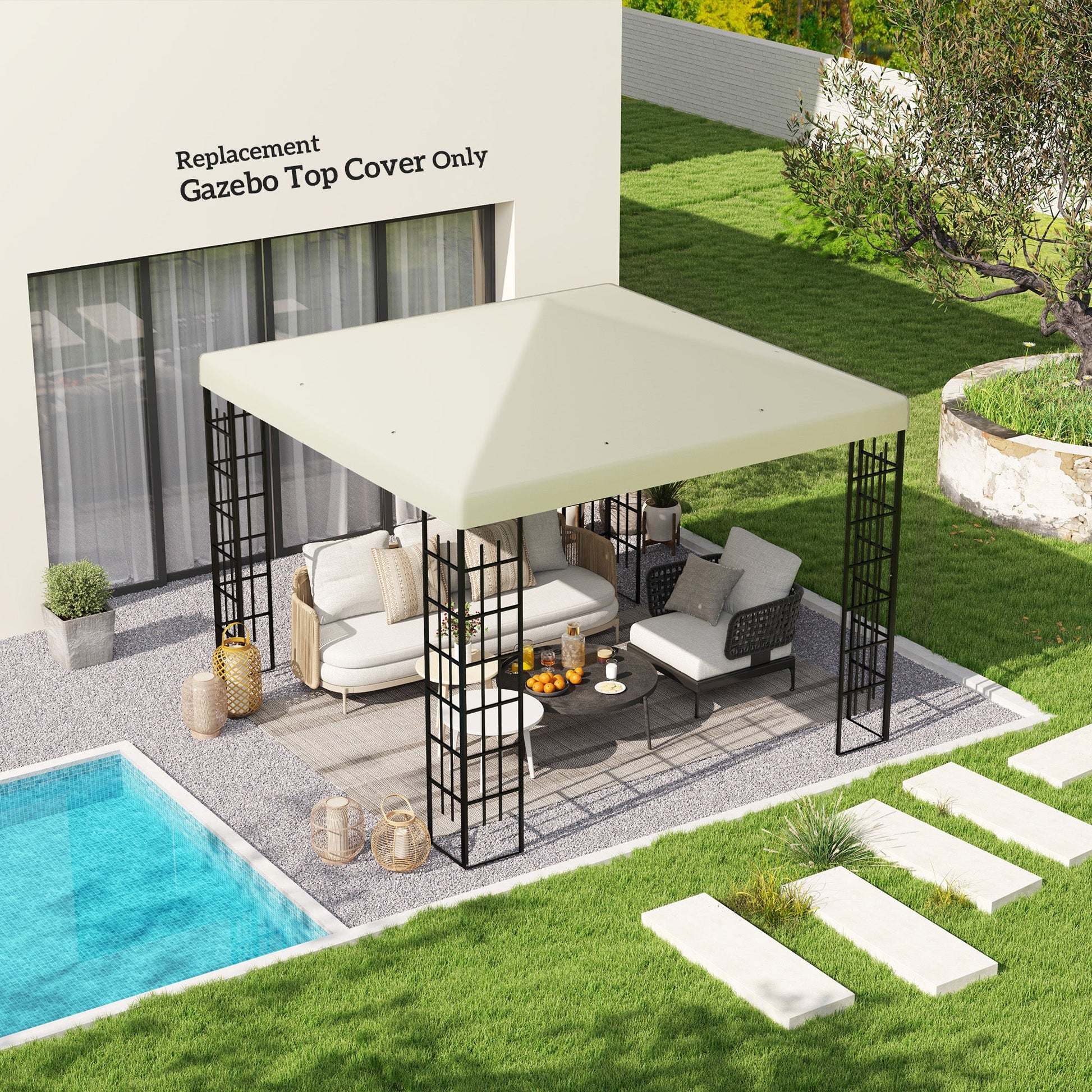 3 x 3(m) Gazebo Canopy Replacement Cover, Garden Gazebo Roof Replacement with Drain Holes, Water Resistant PVC Coating, 370g/㎡, UPF30+, TOP COVER ONLY, Cream White
