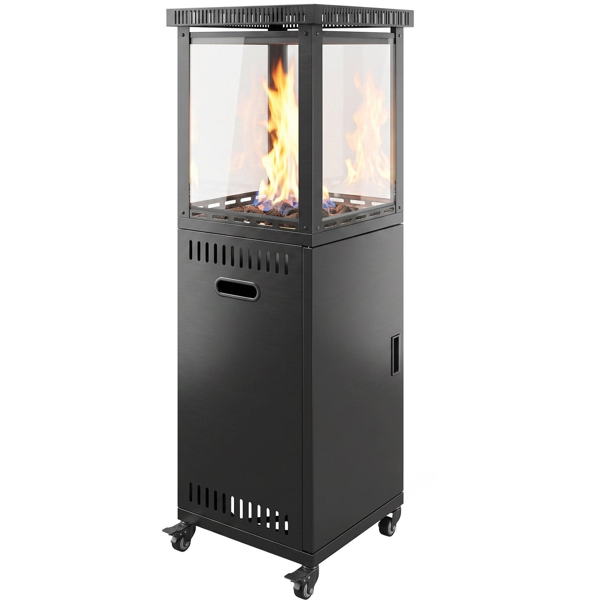 Gas Patio Heater, 13 kW Portable Propane Outdoor Heater with Stepless Heat Control, Piezo Ignition, Tip-over Protection, 4 Wheels, Lava Rocks, Black