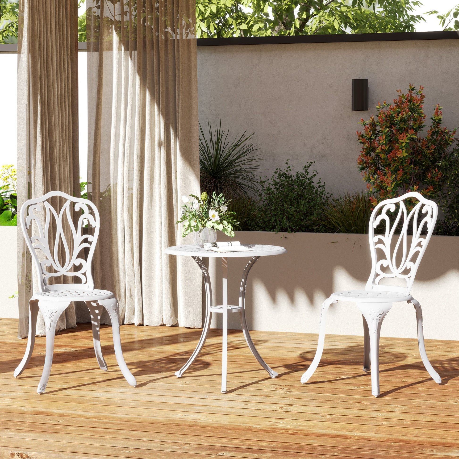 3 Piece Garden Bistro Set, Cast Aluminium Outdoor Furniture Set with Umbrella Hole for Balcony, Porch, Patio, White