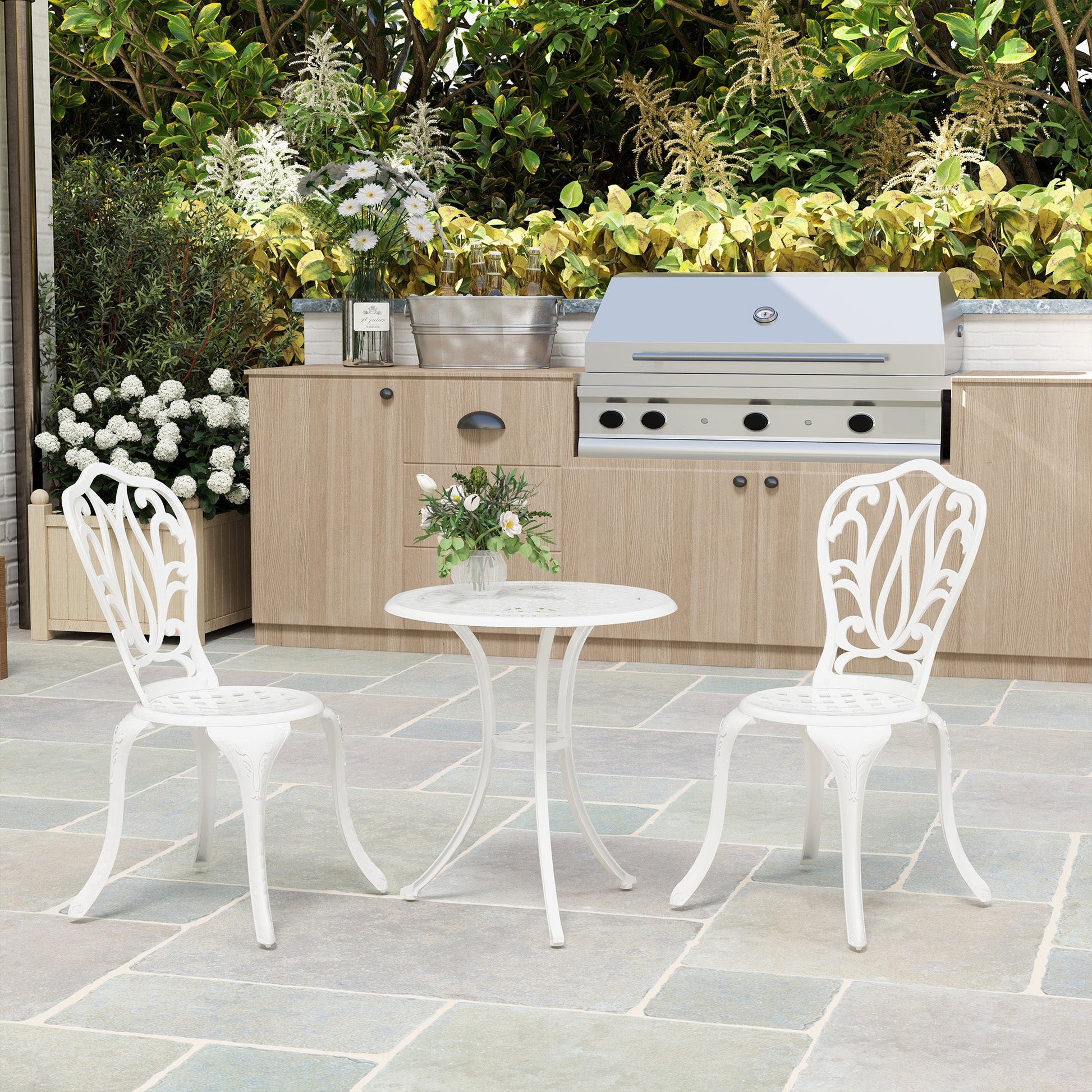 3 Piece Garden Bistro Set, Cast Aluminium Outdoor Furniture Set with Umbrella Hole for Balcony, Porch, Patio, White