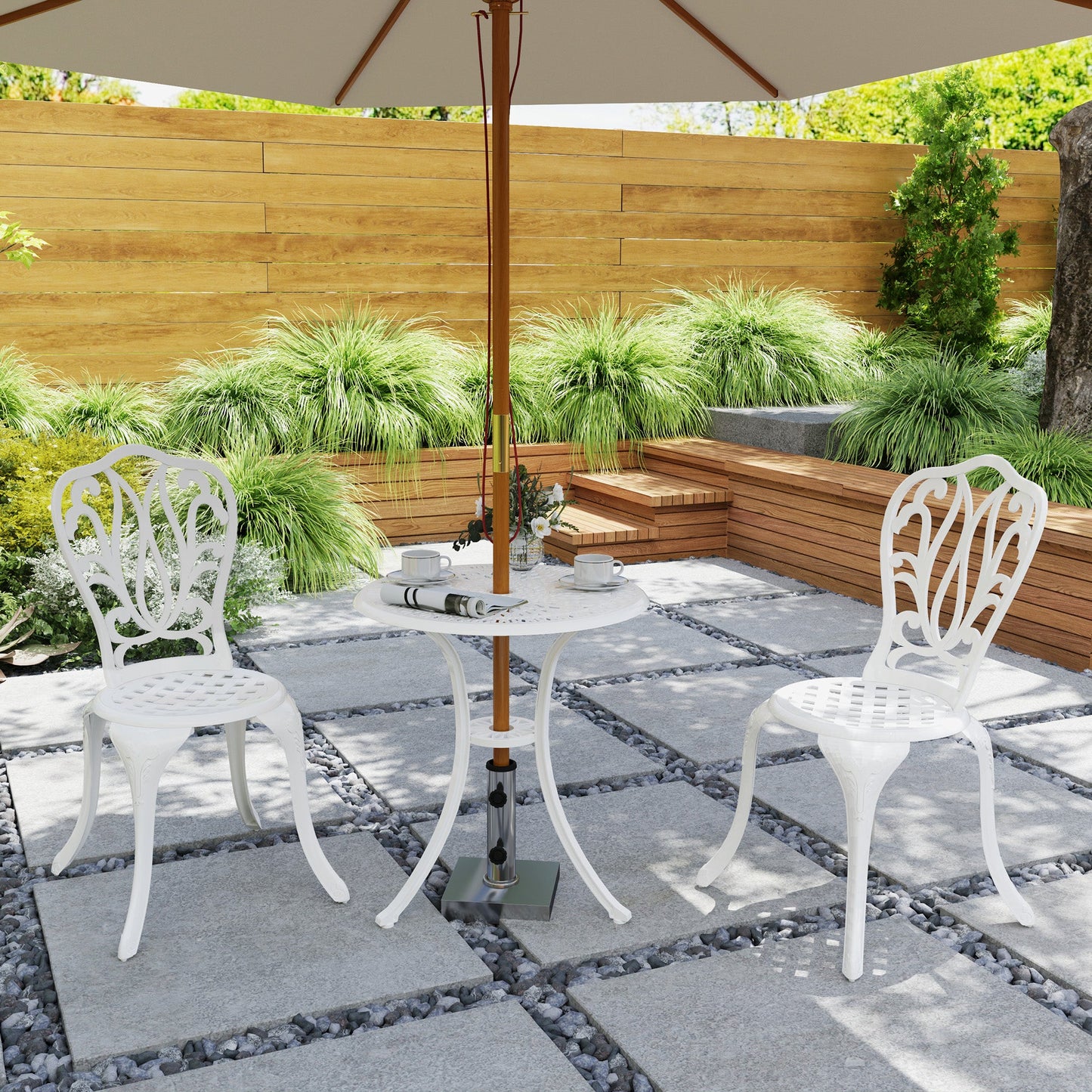 3 Piece Garden Bistro Set, Cast Aluminium Outdoor Furniture Set with Umbrella Hole for Balcony, Porch, Patio, White