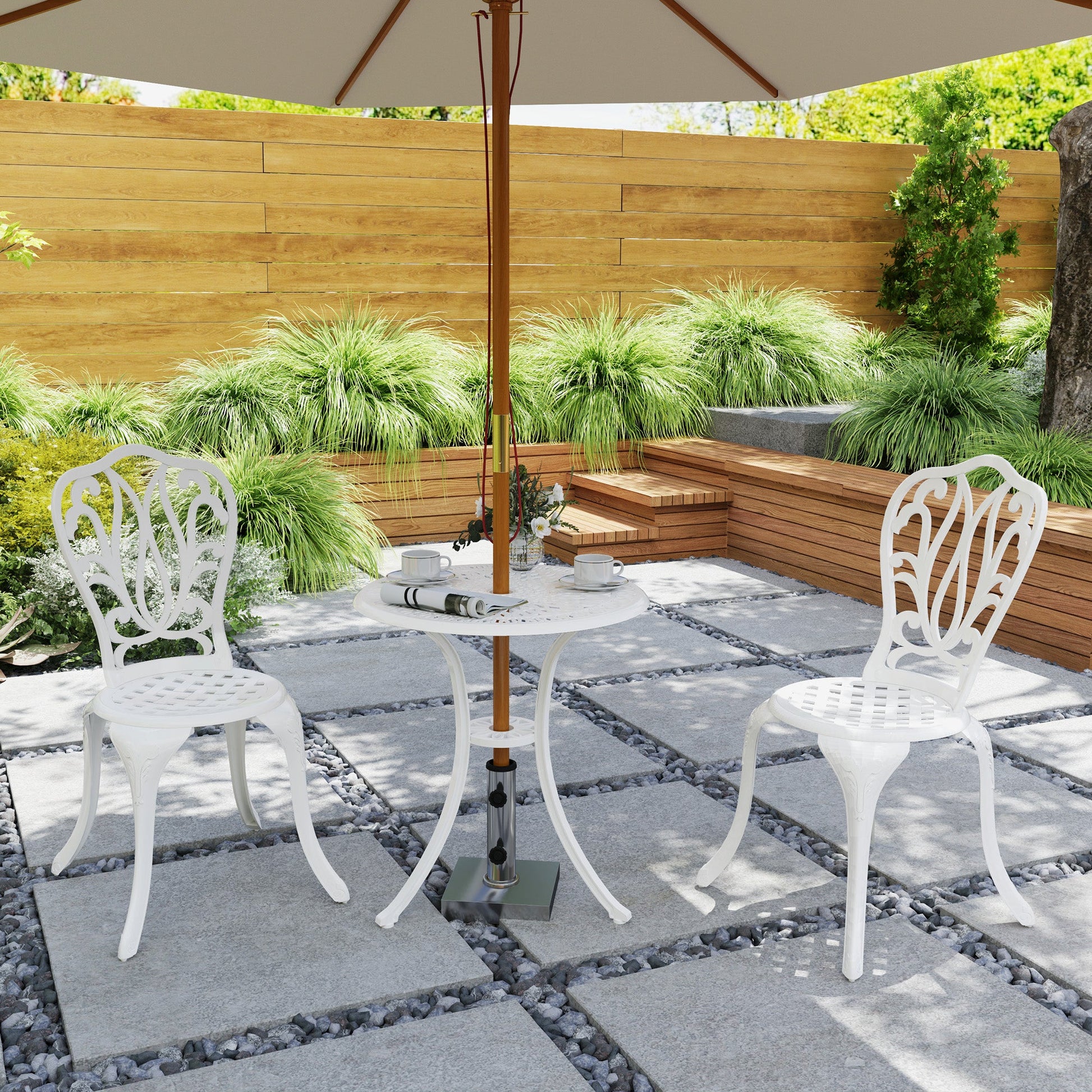 3 Piece Garden Bistro Set, Cast Aluminium Outdoor Furniture Set with Umbrella Hole for Balcony, Porch, Patio, White
