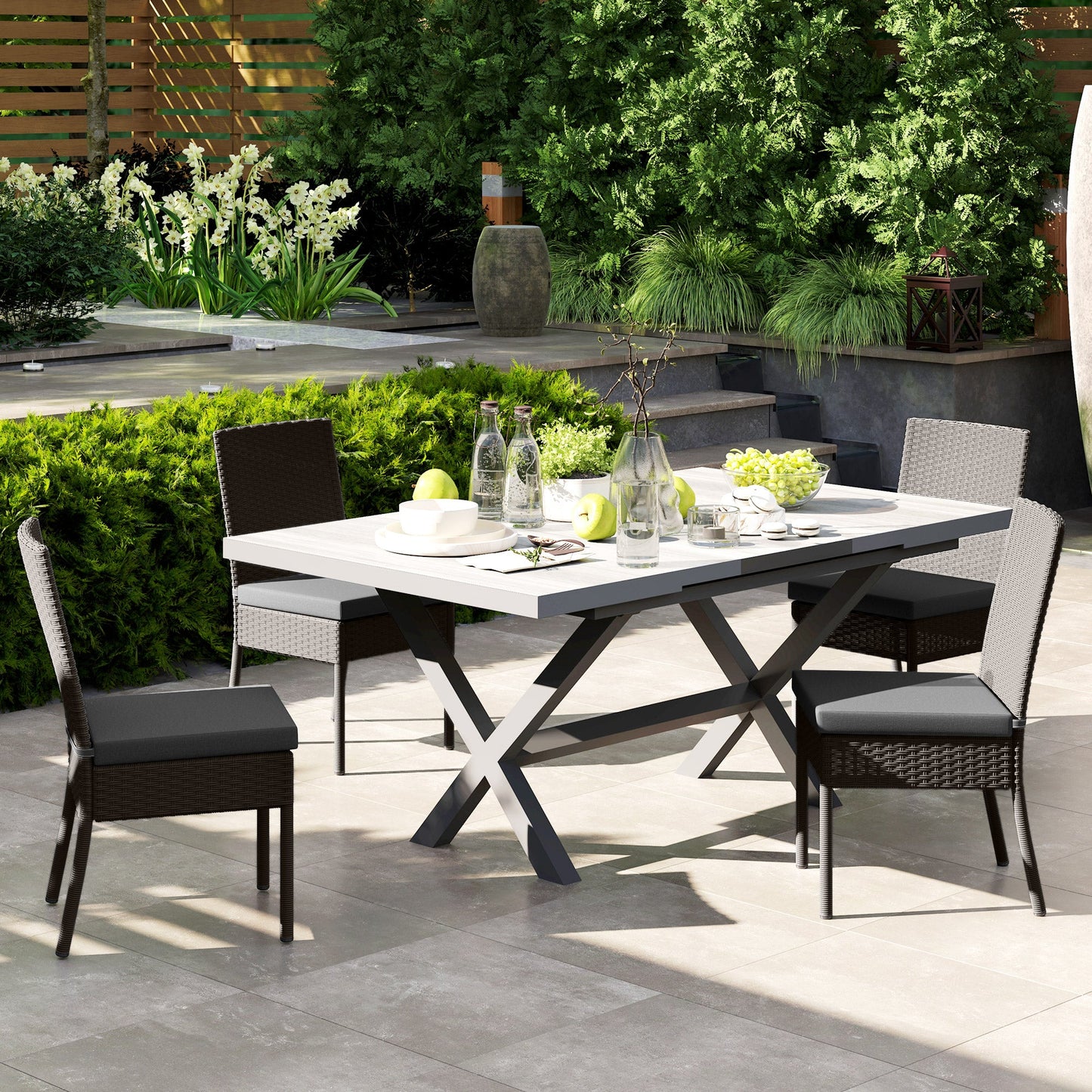 4 Pieces PE Rattan Garden Chairs with Cushion, Patio Wicker Dining Chairs with Backrest for Patio, Deck, Garden, Dark Grey