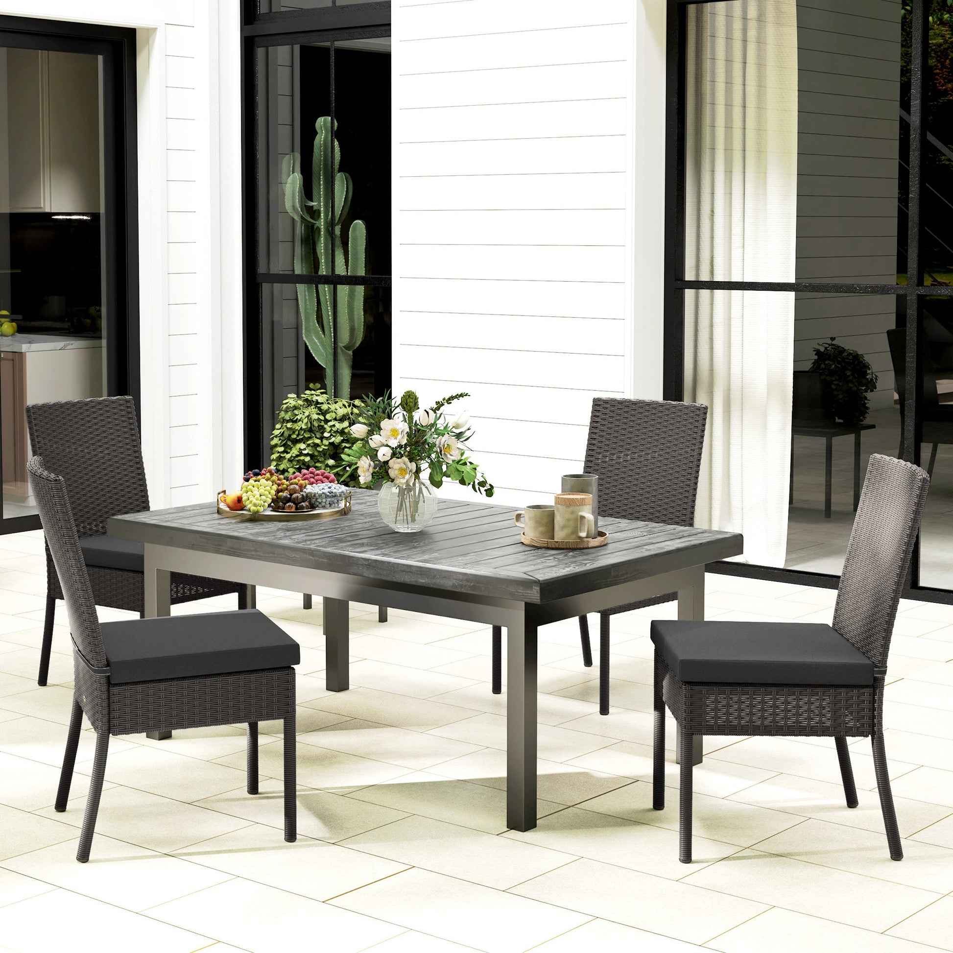 4 Pieces PE Rattan Garden Chairs with Cushion, Patio Wicker Dining Chairs with Backrest for Patio, Deck, Garden, Dark Grey