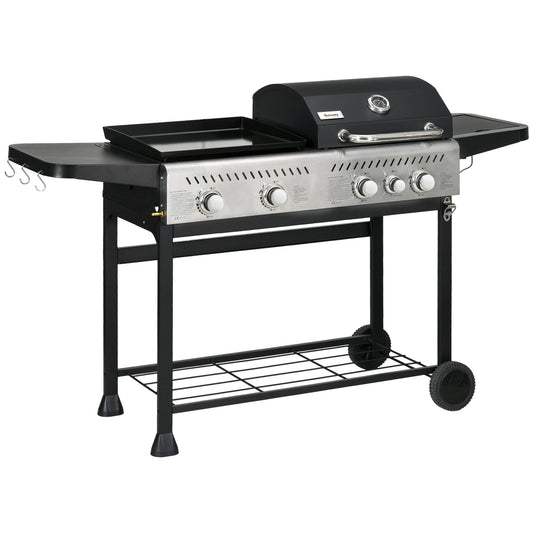 2-in-1 Gas BBQ and Plancha Grill, 15 kW 4+1 Burner Propane Gas Barbecue with Wheels, Warming Rack, Shelves, Thermometer, Bottle Opener for Garden Party Festival, Black