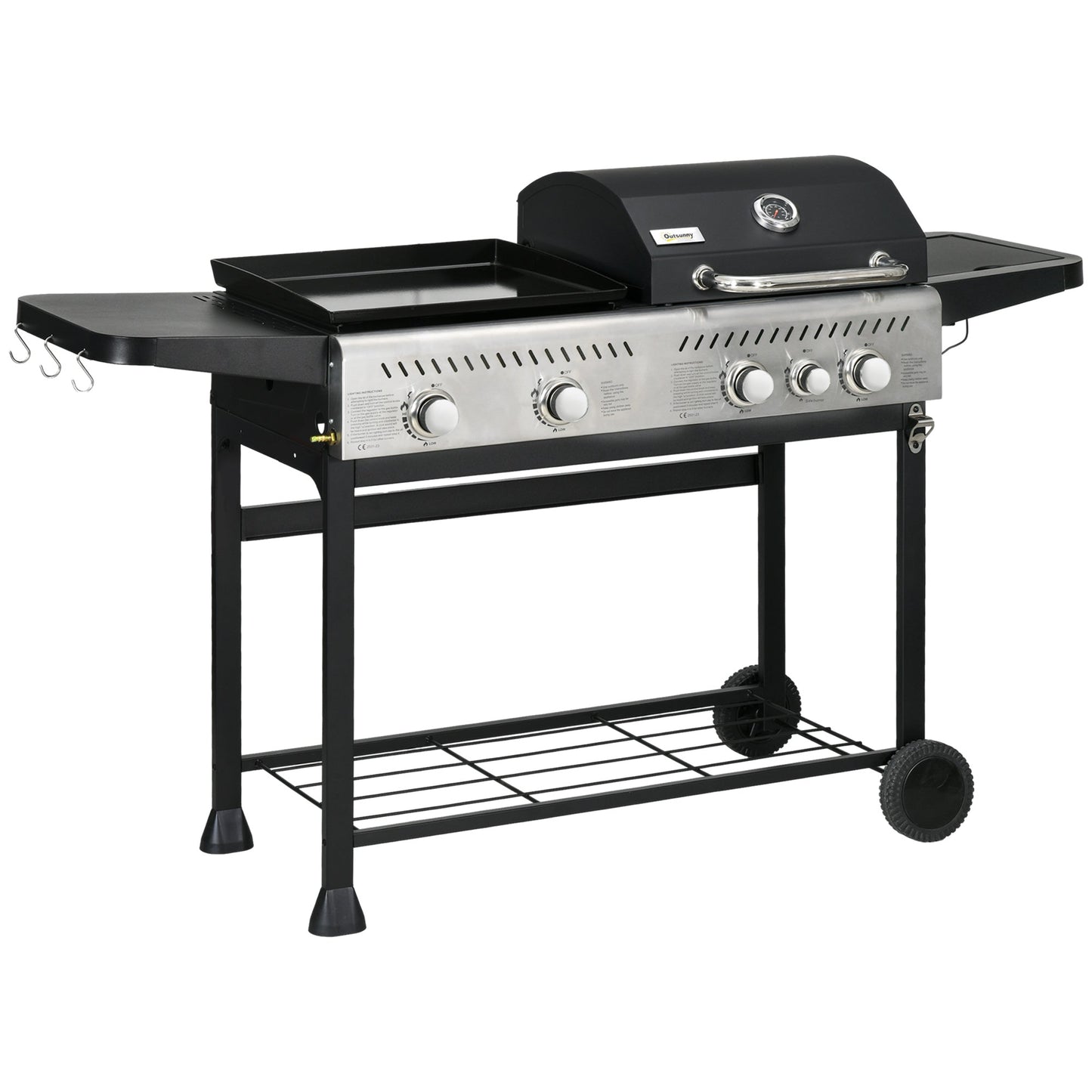 2-in-1 Gas BBQ and Plancha Grill, 15 kW 4+1 Burner Propane Gas Barbecue with Wheels, Warming Rack, Shelves, Thermometer, Bottle Opener for Garden Party Festival, Black