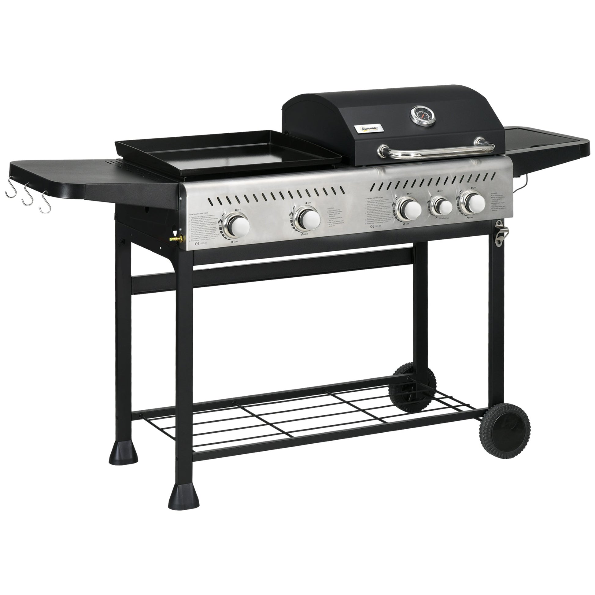 2-in-1 Gas BBQ and Plancha Grill, 15 kW 4+1 Burner Propane Gas Barbecue with Wheels, Warming Rack, Shelves, Thermometer, Bottle Opener for Garden Party Festival, Black
