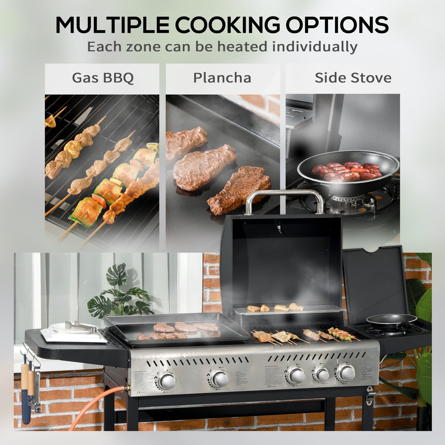 2-in-1 Gas BBQ and Plancha Grill, 15 kW 4+1 Burner Propane Gas Barbecue with Wheels, Warming Rack, Shelves, Thermometer, Bottle Opener for Garden Party Festival, Black