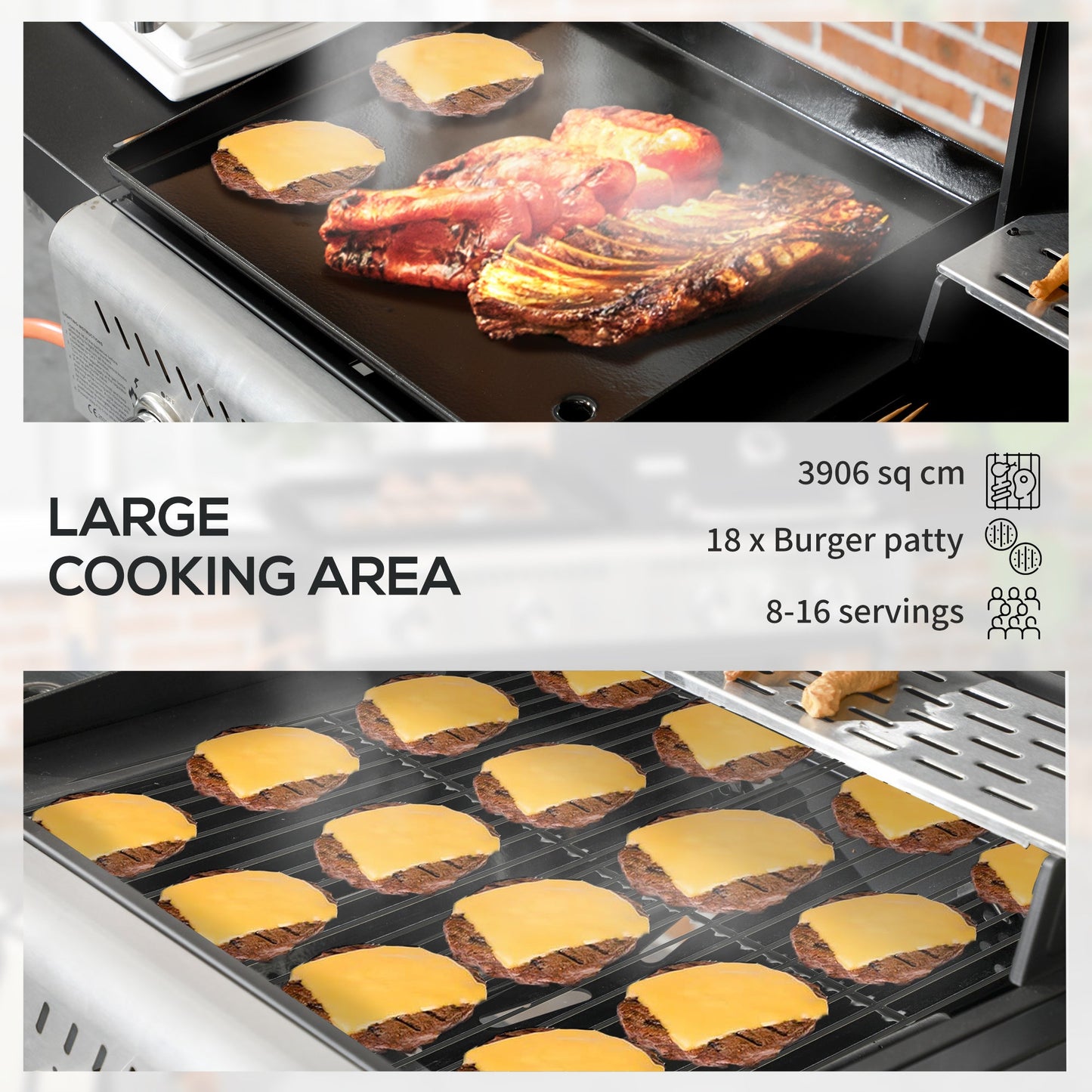 2-in-1 Gas BBQ and Plancha Grill, 15 kW 4+1 Burner Propane Gas Barbecue with Wheels, Warming Rack, Shelves, Thermometer, Bottle Opener for Garden Party Festival, Black