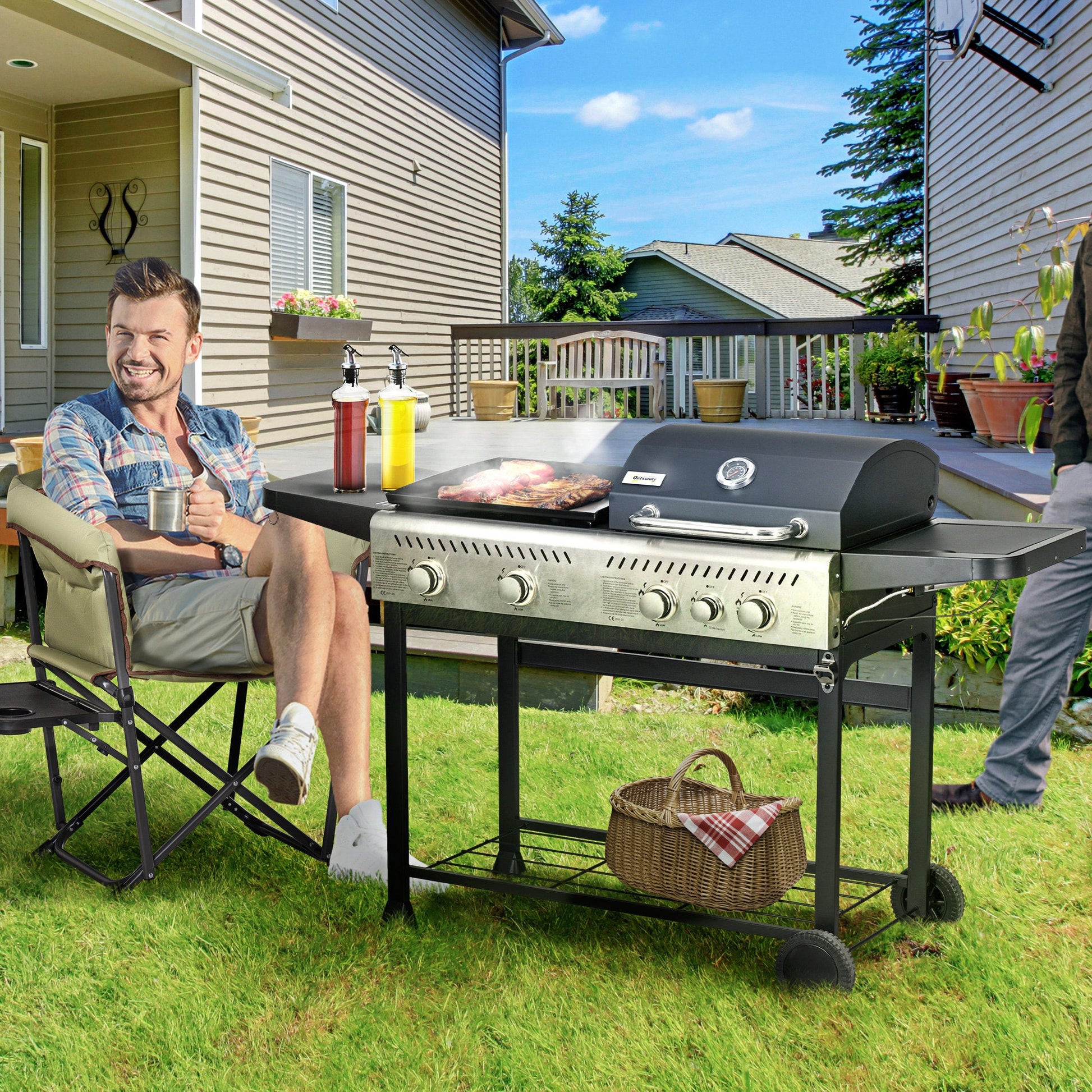 2-in-1 Gas BBQ and Plancha Grill, 15 kW 4+1 Burner Propane Gas Barbecue with Wheels, Warming Rack, Shelves, Thermometer, Bottle Opener for Garden Party Festival, Black