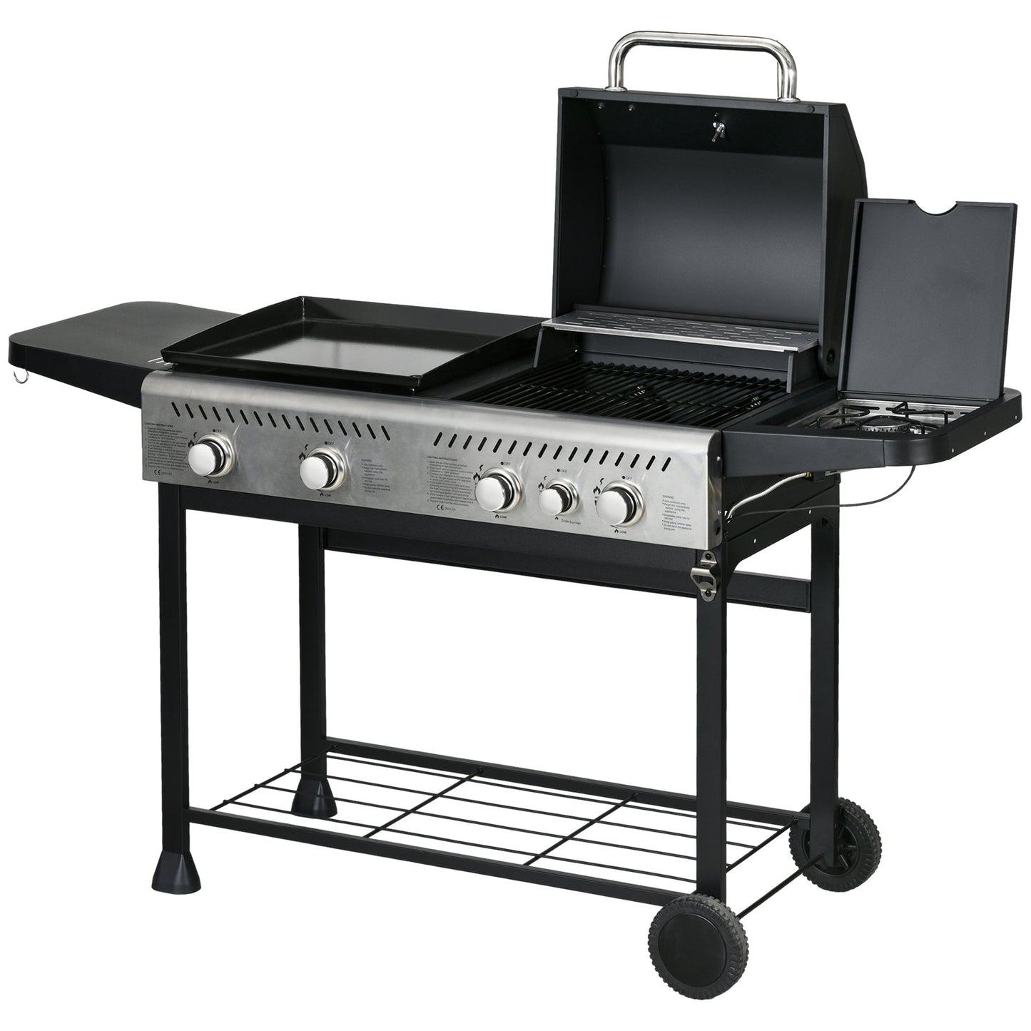 2-in-1 Gas BBQ and Plancha Grill, 15 kW 4+1 Burner Propane Gas Barbecue with Wheels, Warming Rack, Shelves, Thermometer, Bottle Opener for Garden Party Festival, Black