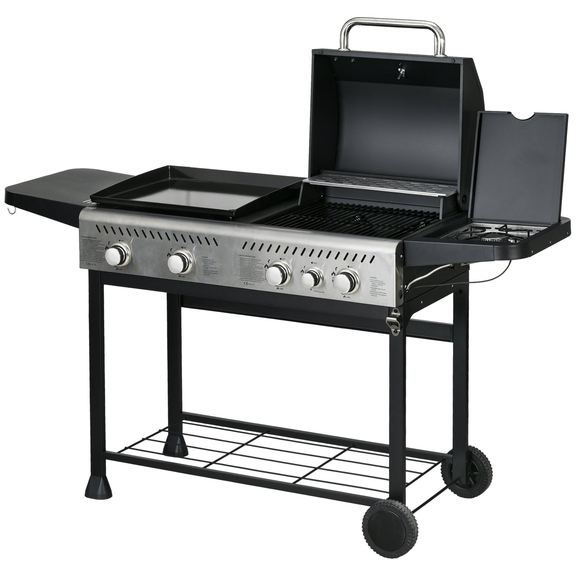 2-in-1 Gas BBQ and Plancha Grill, 15 kW 4+1 Burner Propane Gas Barbecue with Wheels, Warming Rack, Shelves, Thermometer, Bottle Opener for Garden Party Festival, Black