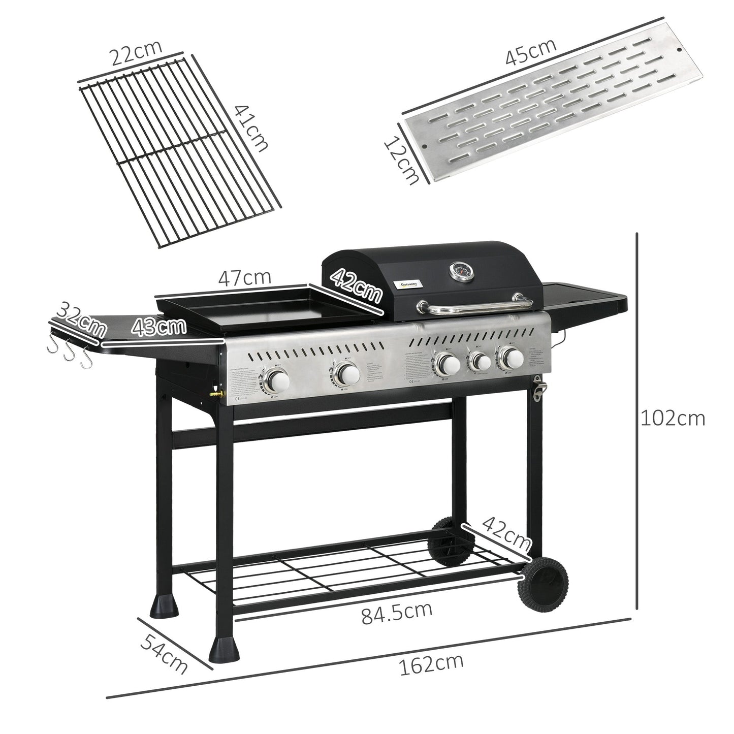 2-in-1 Gas BBQ and Plancha Grill, 15 kW 4+1 Burner Propane Gas Barbecue with Wheels, Warming Rack, Shelves, Thermometer, Bottle Opener for Garden Party Festival, Black