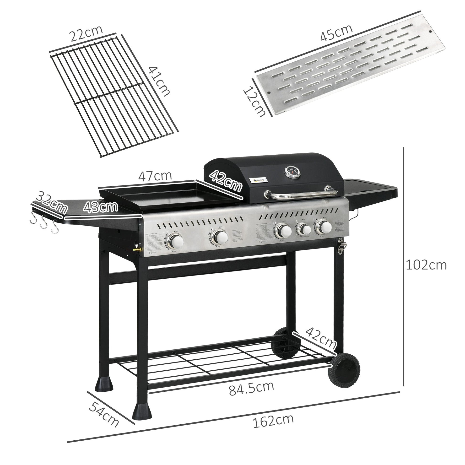 2-in-1 Gas BBQ and Plancha Grill, 15 kW 4+1 Burner Propane Gas Barbecue with Wheels, Warming Rack, Shelves, Thermometer, Bottle Opener for Garden Party Festival, Black