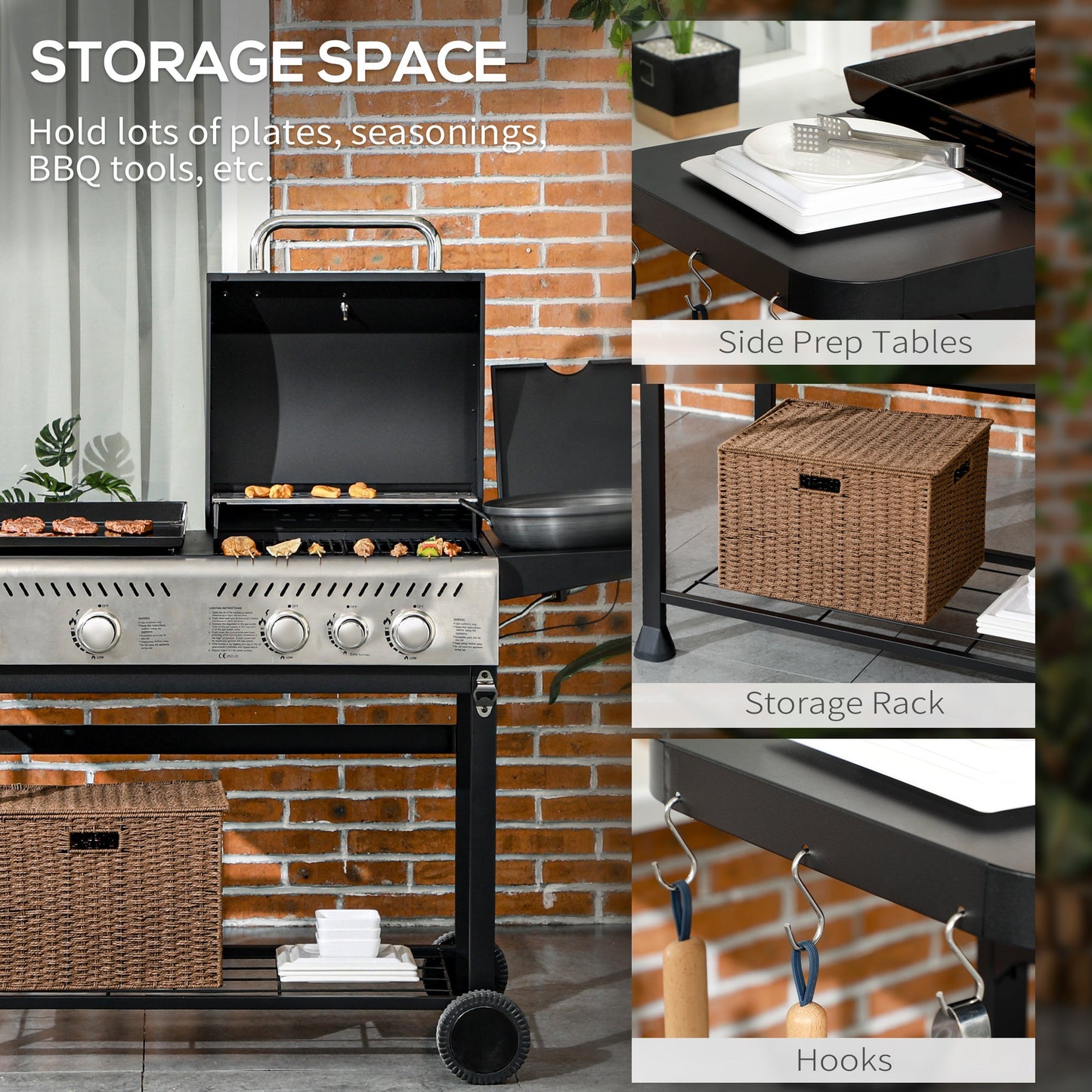 2-in-1 Gas BBQ and Plancha Grill, 15 kW 4+1 Burner Propane Gas Barbecue with Wheels, Warming Rack, Shelves, Thermometer, Bottle Opener for Garden Party Festival, Black