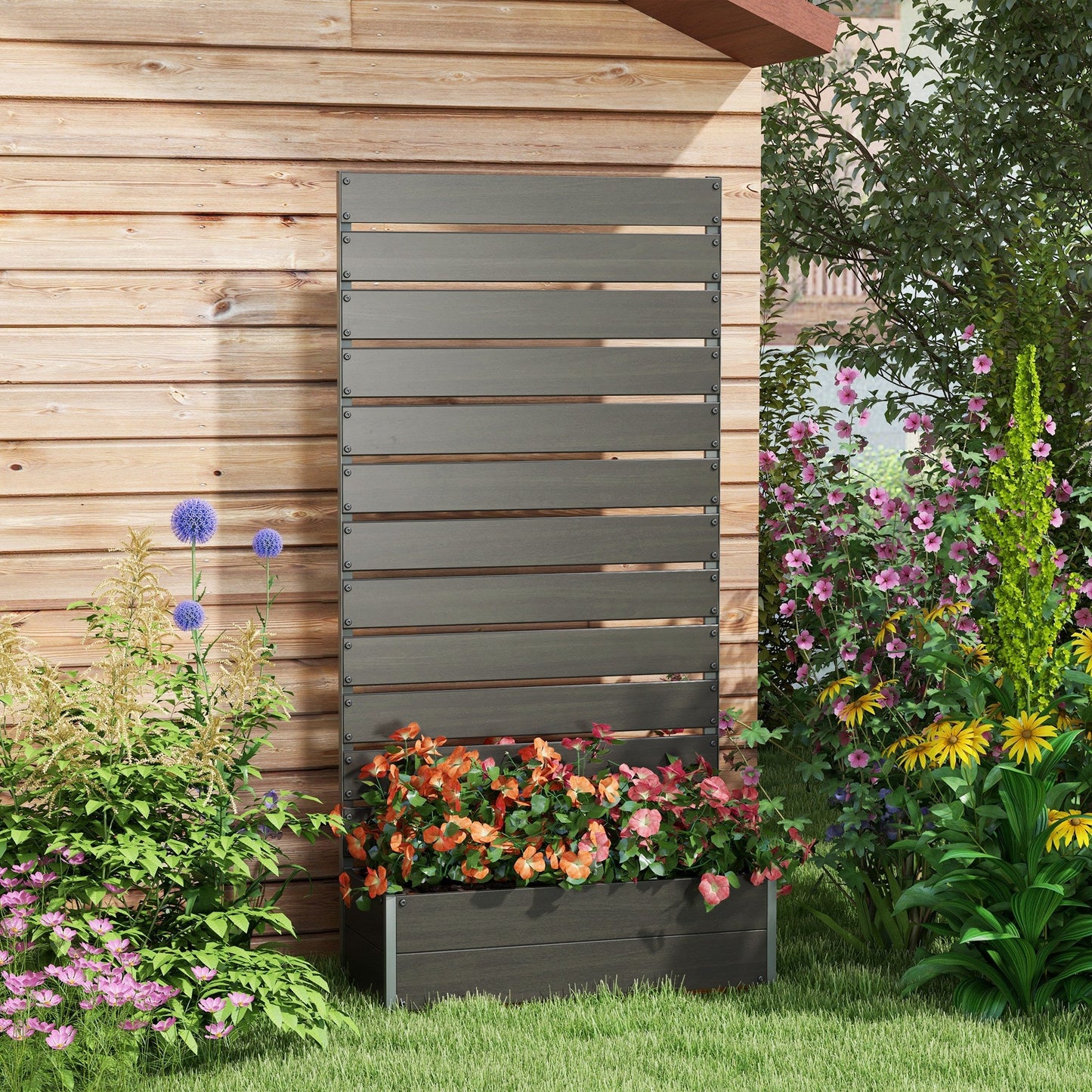 Garden Planter with Trellis for Climbing Plants, Vines, Flowers, Freestanding Raised Bed for Garden, Outdoor, Patio, Planter Box with Drainage Gap, Black