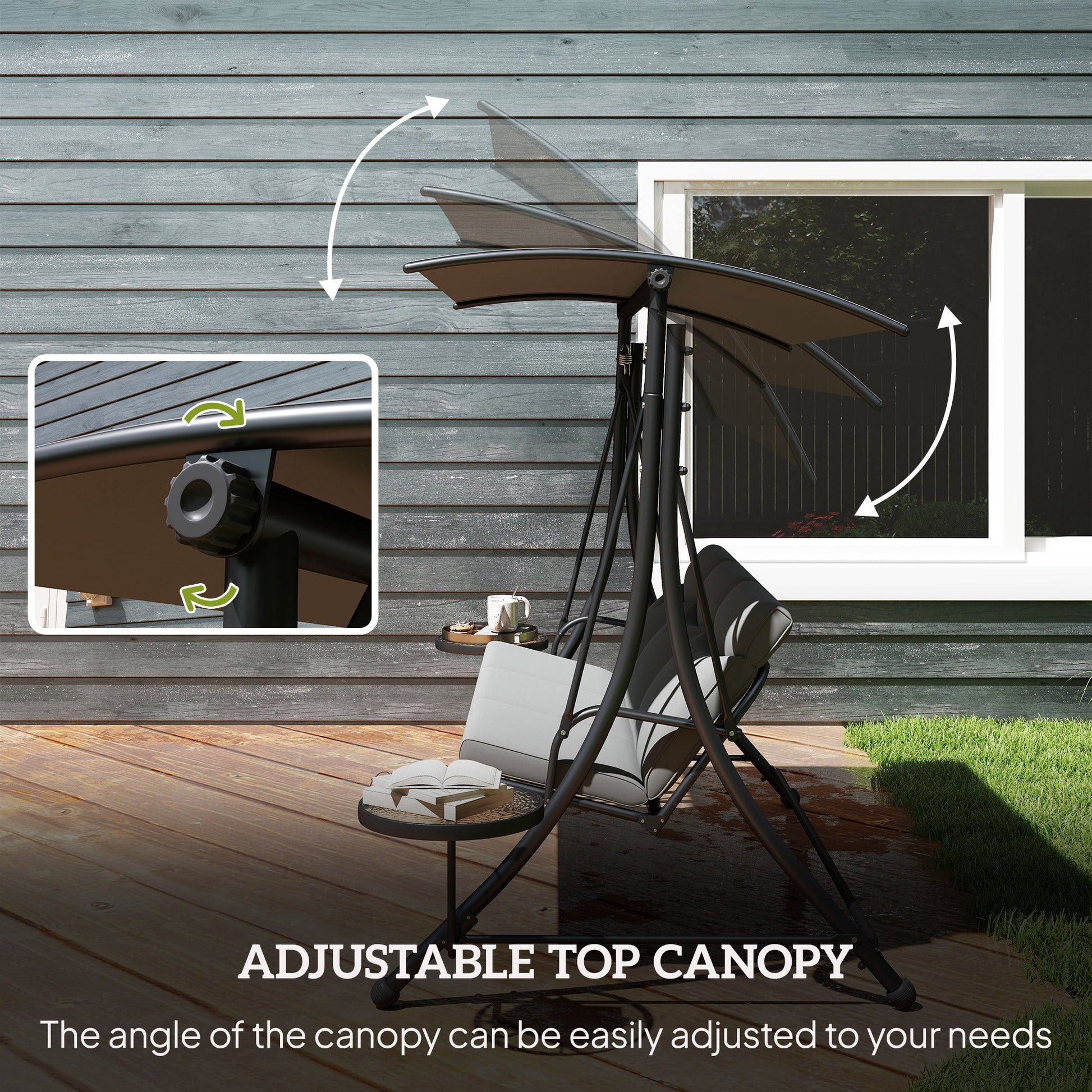3 Seater Garden Swing Seat Swing Chair with Adjustable Canopy, Removable Cushion and Coffee Tables for Outdoor Patio Garden Dark Grey