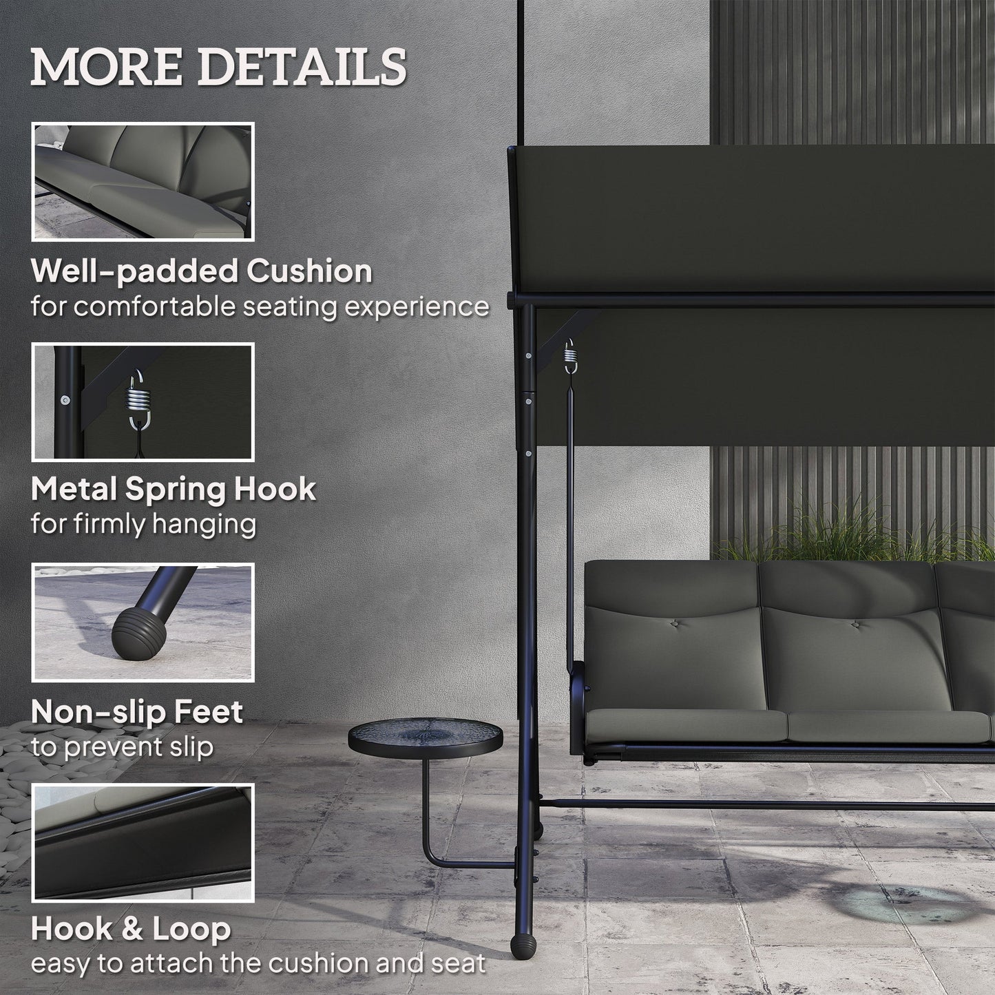 3 Seater Garden Swing Seat Swing Chair with Adjustable Canopy, Removable Cushion and Coffee Tables for Outdoor Patio Garden Dark Grey